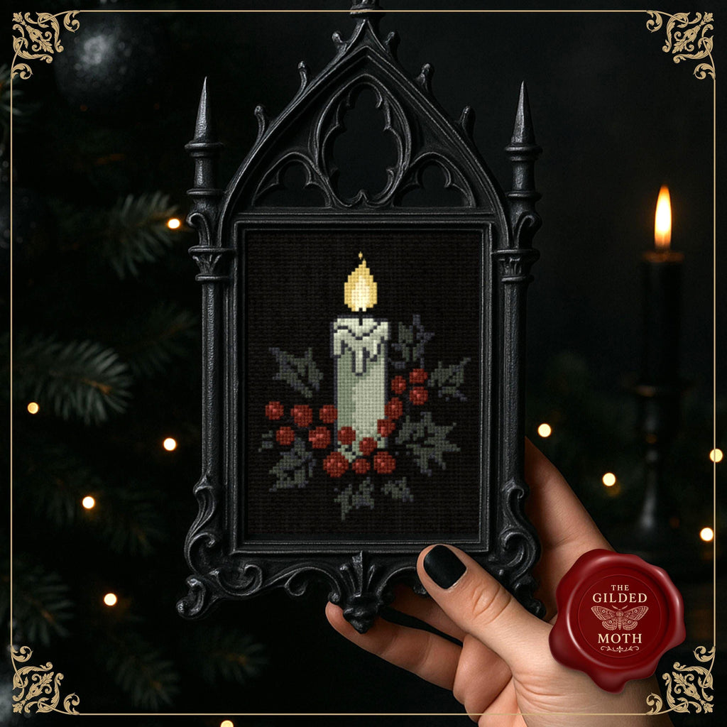 Christmas Candle counted Cross Stitch Pattern | Gothic Christmas Embroidery PDF pack | Dark Holiday Decor | Black Aida Digital Download |