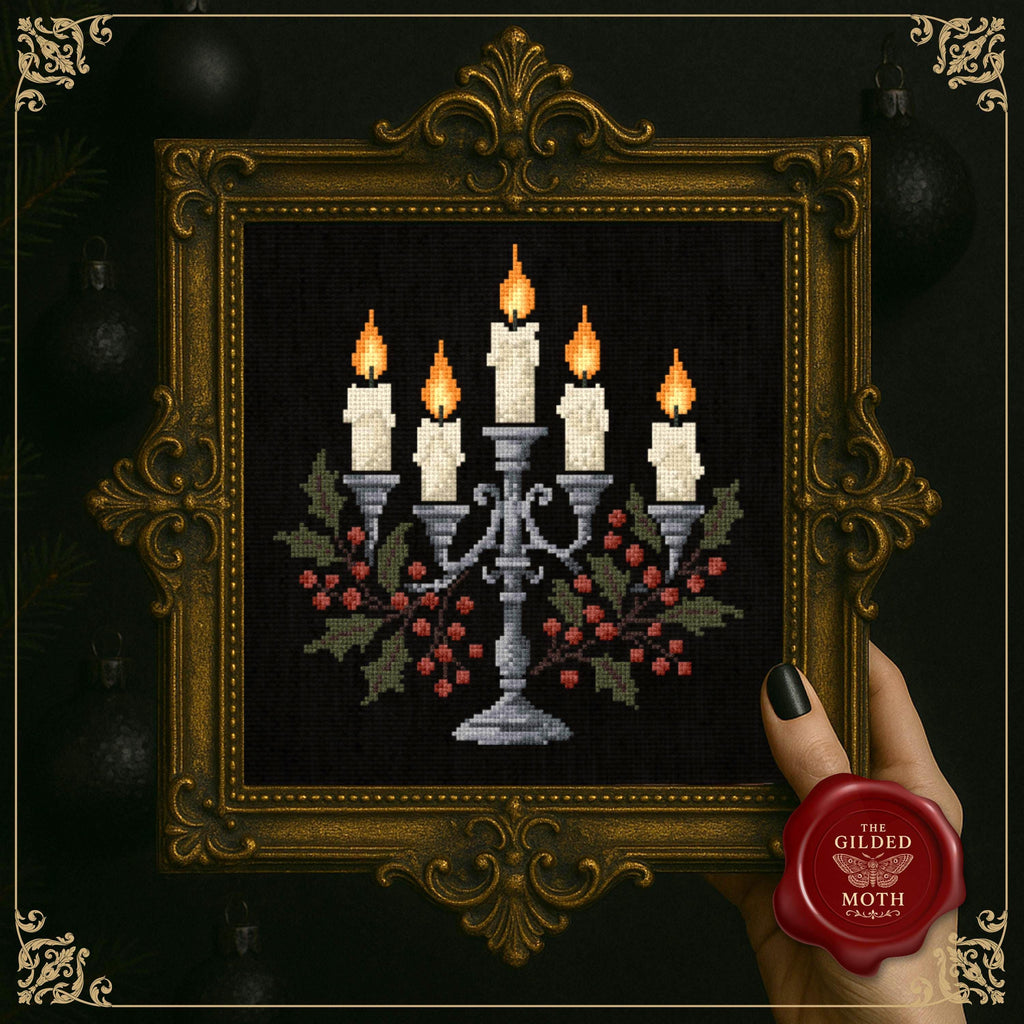 Christmas candelabra cross stitch | gothic candle holiday counted cross stitch pattern pdf | dark Christmas decor moody embroidery printable