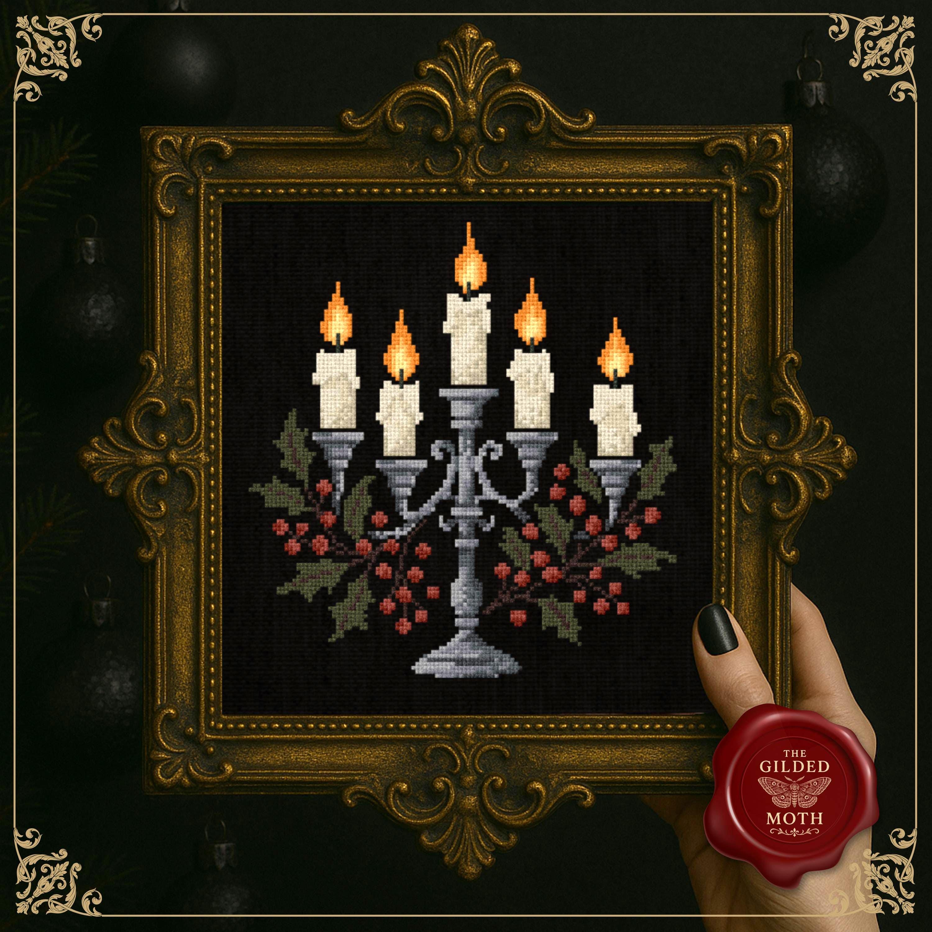 Christmas candelabra cross stitch | gothic candle holiday counted cross stitch pattern pdf | dark Christmas decor moody embroidery printable