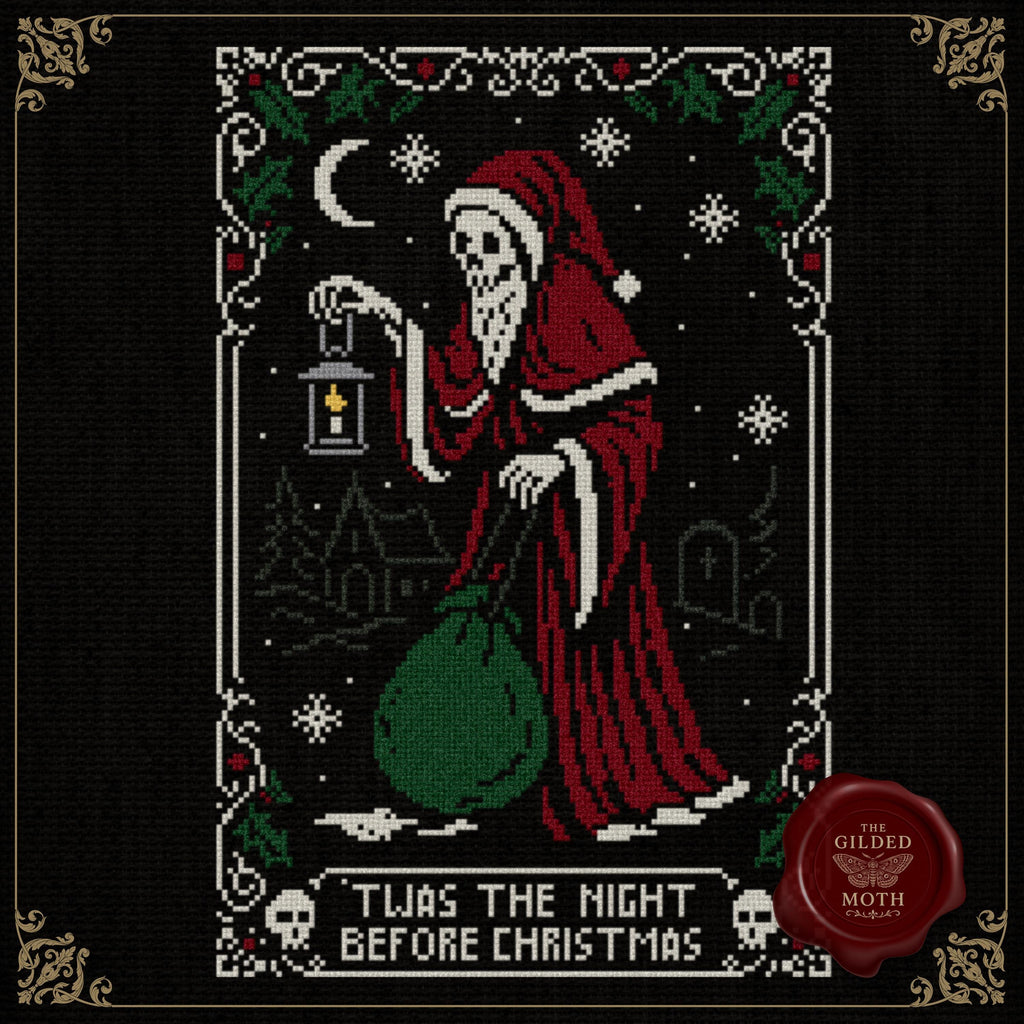Gothic Christmas Grim Reaper counted Cross Stitch Pattern • Dark Santa Skeleton PDF • Gothic Holiday Embroidery printable sampler