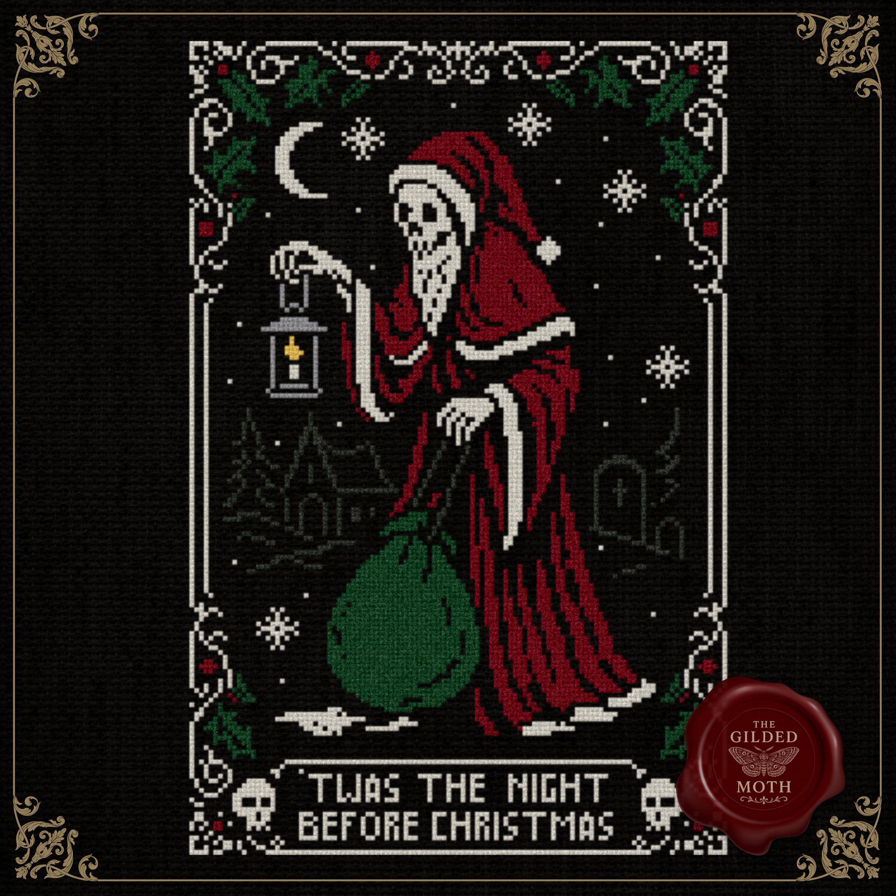 Gothic Christmas Grim Reaper counted Cross Stitch Pattern • Dark Santa Skeleton PDF • Gothic Holiday Embroidery printable sampler