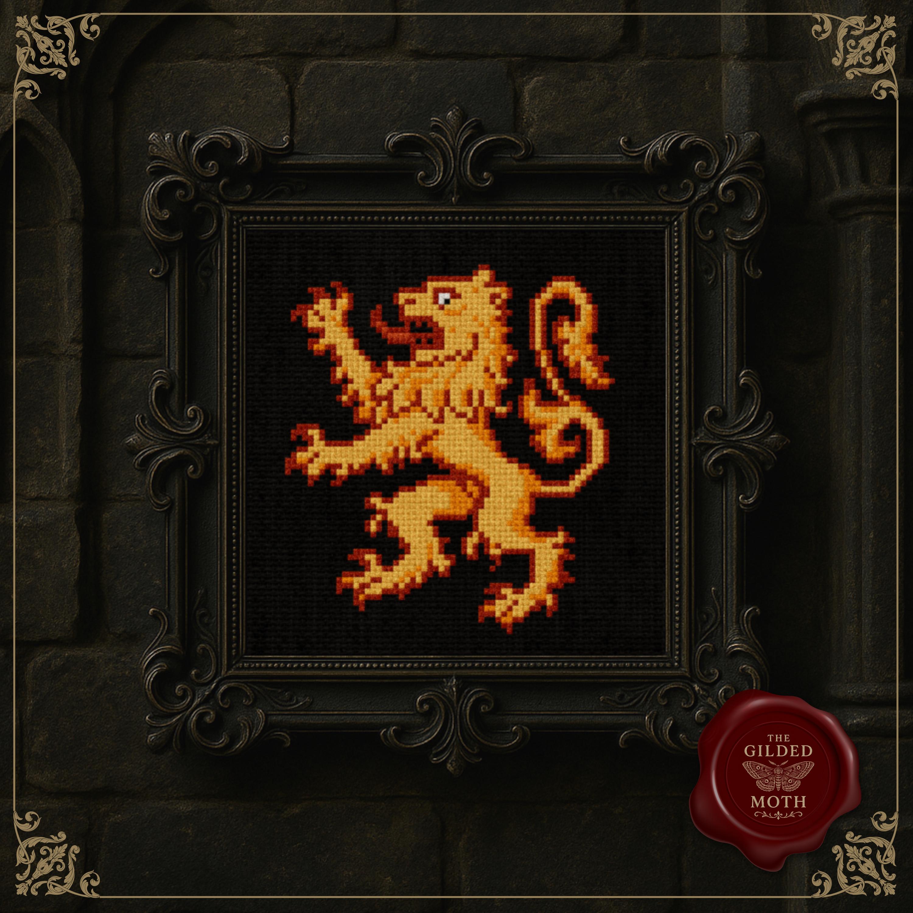 Medieval Heraldic Lion Cross Stitch Pattern • Gothic Crest Embroidery • Golden Rampant Lion • Dark Castle Decor PDF • Black Aida Pattern