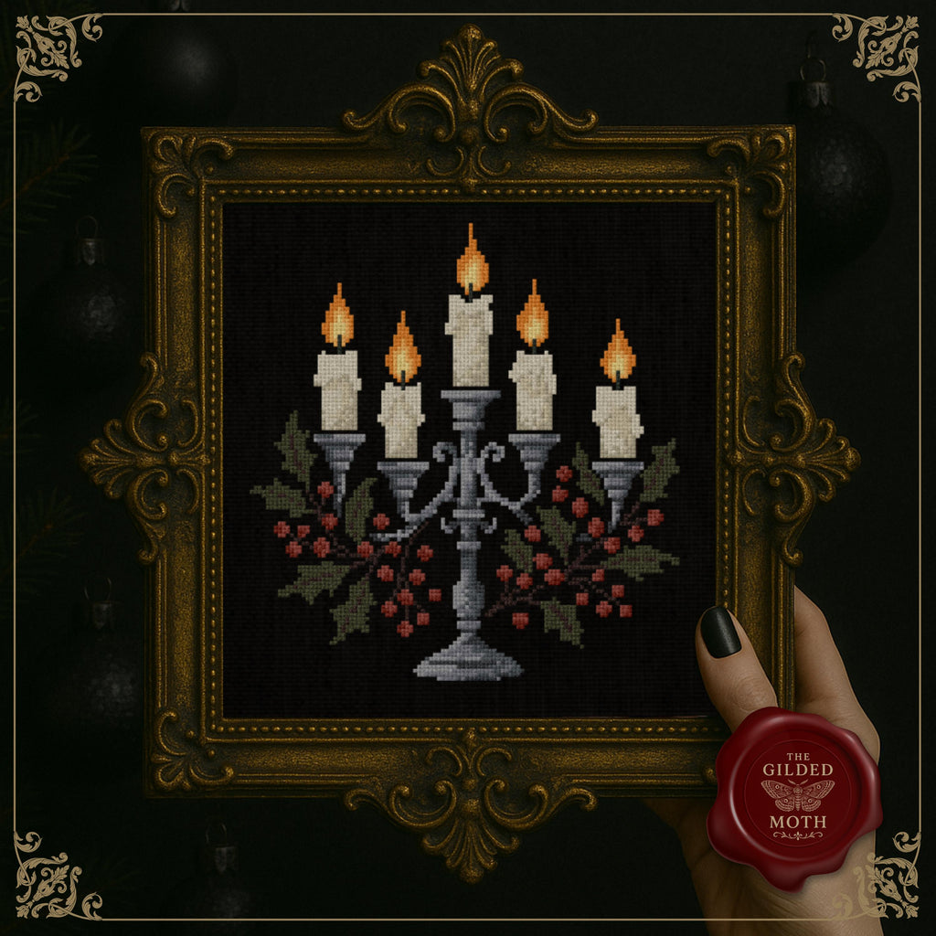 Gothic Christmas counted Cross Stitch Pattern bundle | Dark Holiday Embroidery PDF pack | Digital Download | Black Aida Candle & Poinsettia