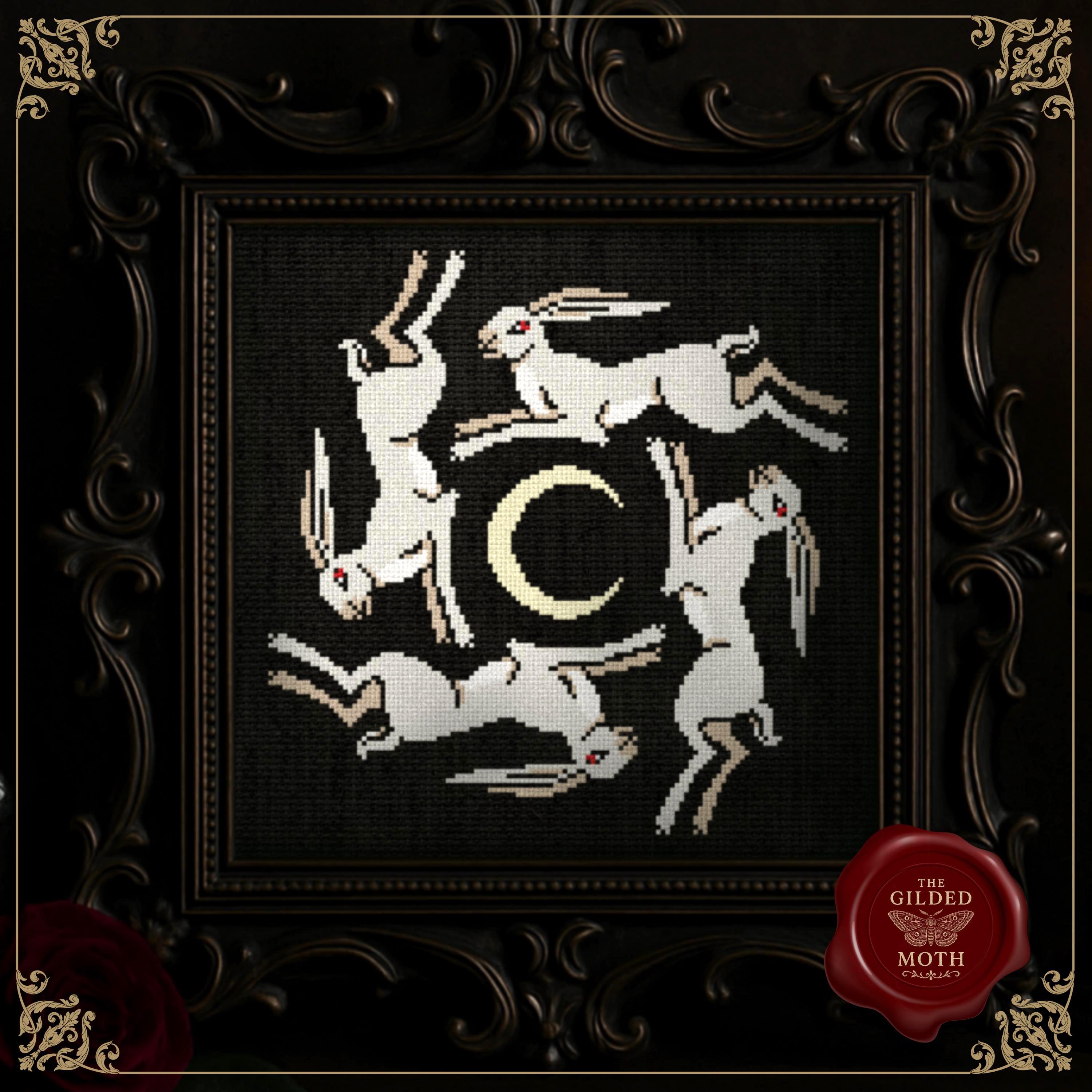 Horned Moon Hares Cross Stitch Pattern • Gothic Medieval Hare Circle PDF • Folklore Lunar Embroidery • Dark Academia Black Aida Decor