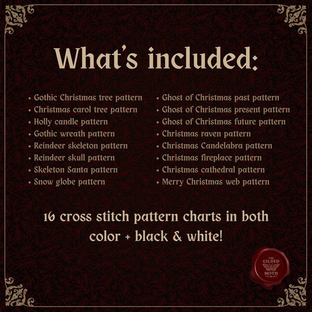 Gothic Christmas Cross Stitch Bundle, 16 Pattern PDF Set, Dark Holiday Decor, alternative Xmas Patterns, Ghosts, Skull, Wreath, Raven pack