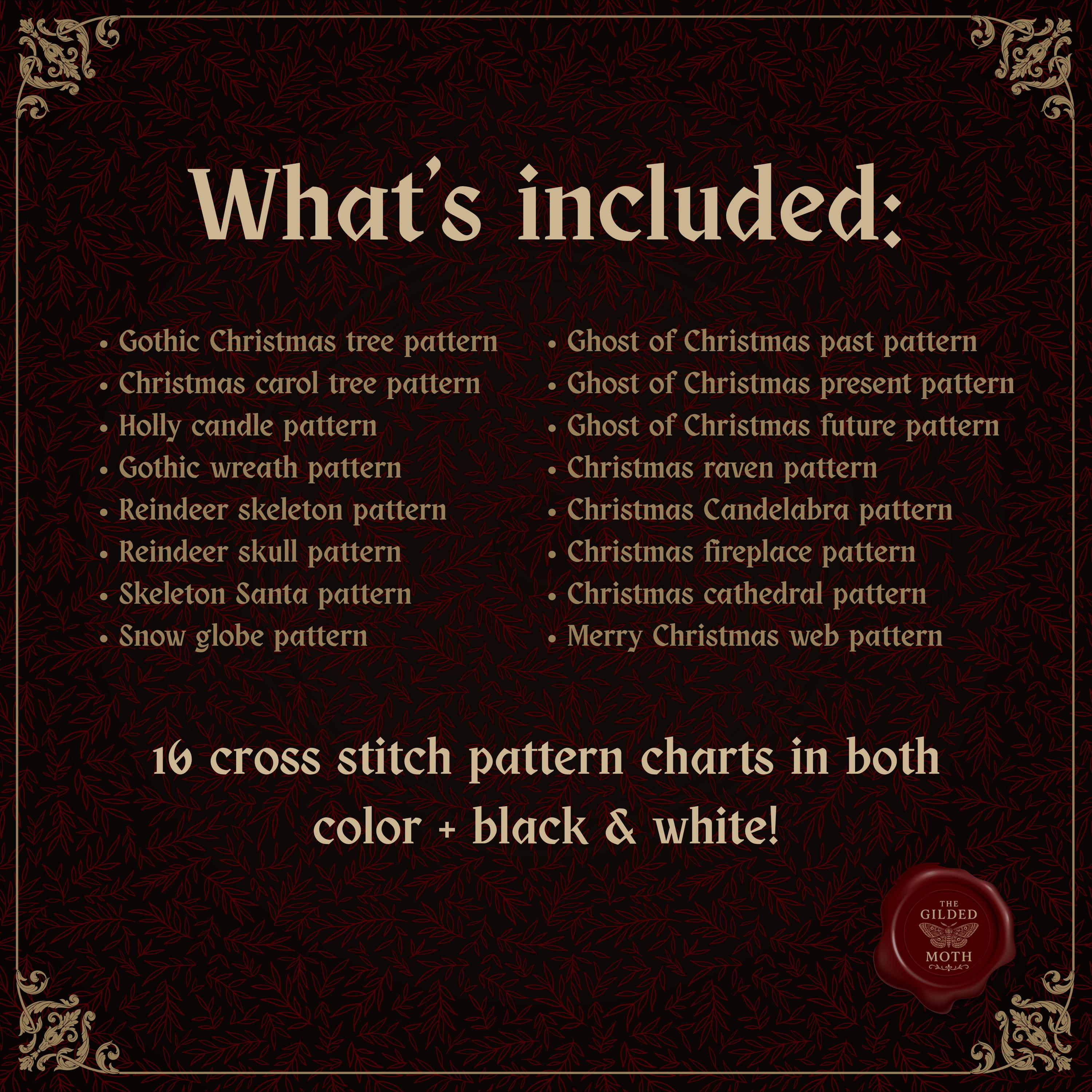 Gothic Christmas Cross Stitch Bundle, 16 Pattern PDF Set, Dark Holiday Decor, alternative Xmas Patterns, Ghosts, Skull, Wreath, Raven pack