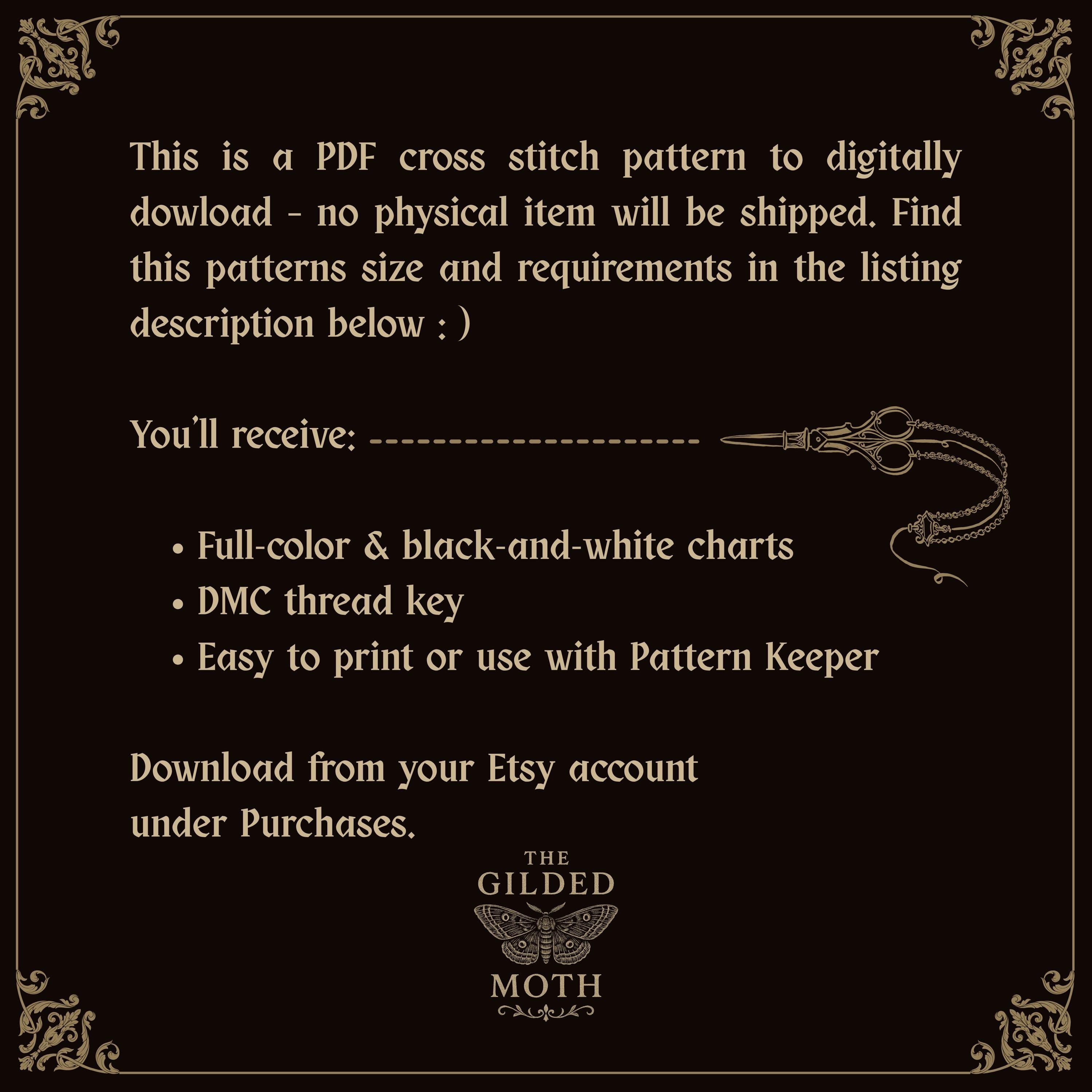 Gothic Apothecary Cross Stitch Pattern • Dark Academia Potion Shelf Embroidery PDF • Medieval Cabinet of Curiosities • Cottage Goth Decor