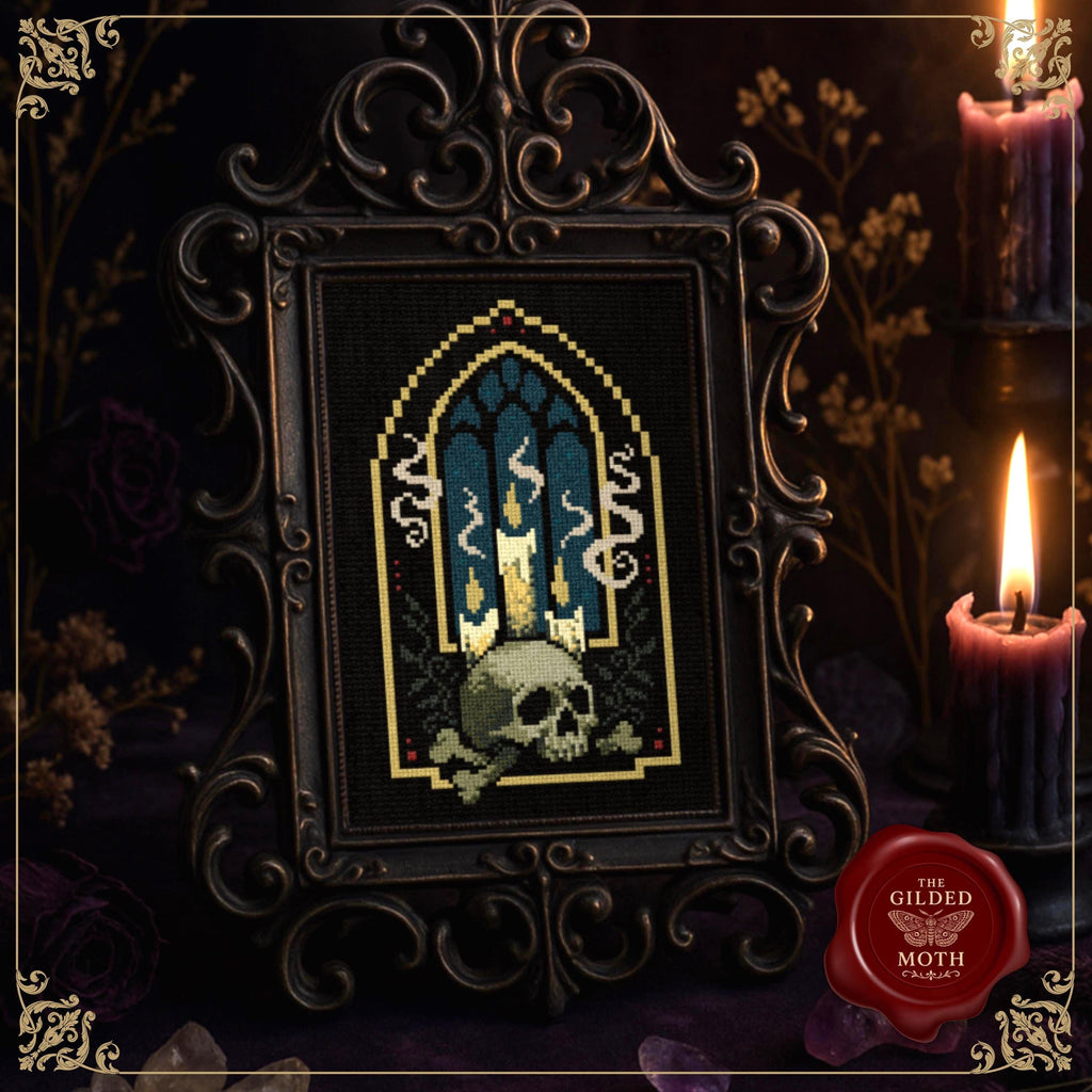 Gothic counted Cross Stitch Pattern PDF | Dark academia skull Candle Embroidery | Victorian Cathedral Window Design, printable stitch chart
