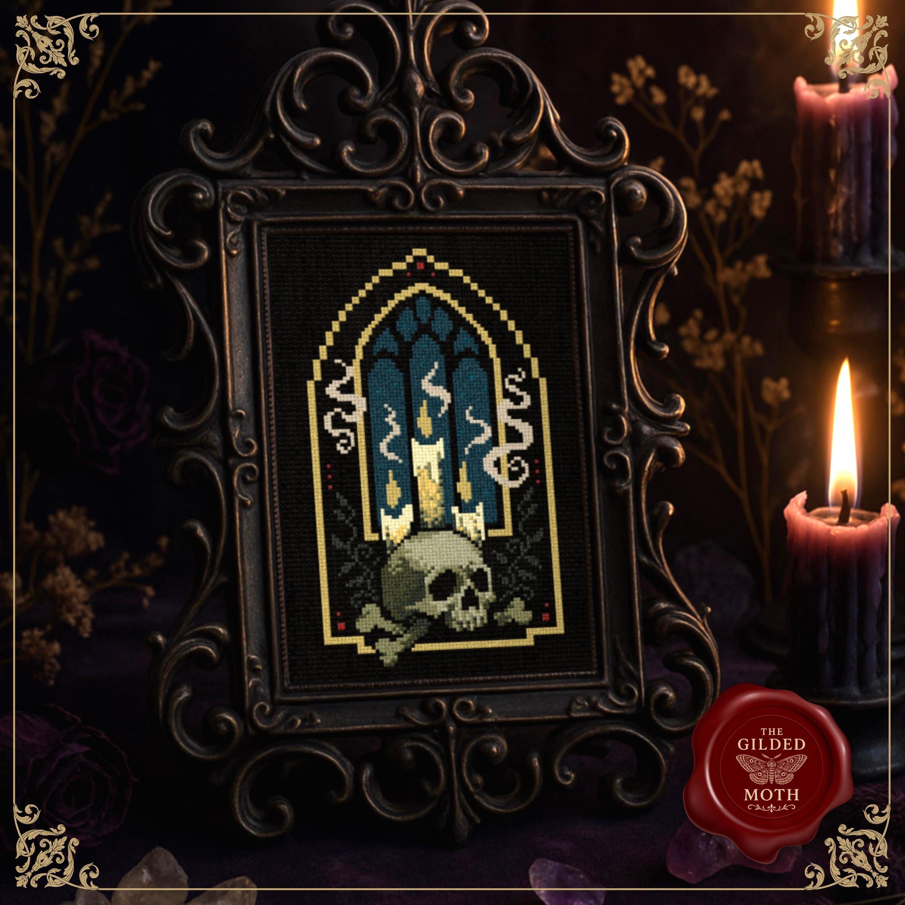 Gothic counted Cross Stitch Pattern PDF | Dark academia skull Candle Embroidery | Victorian Cathedral Window Design, printable stitch chart