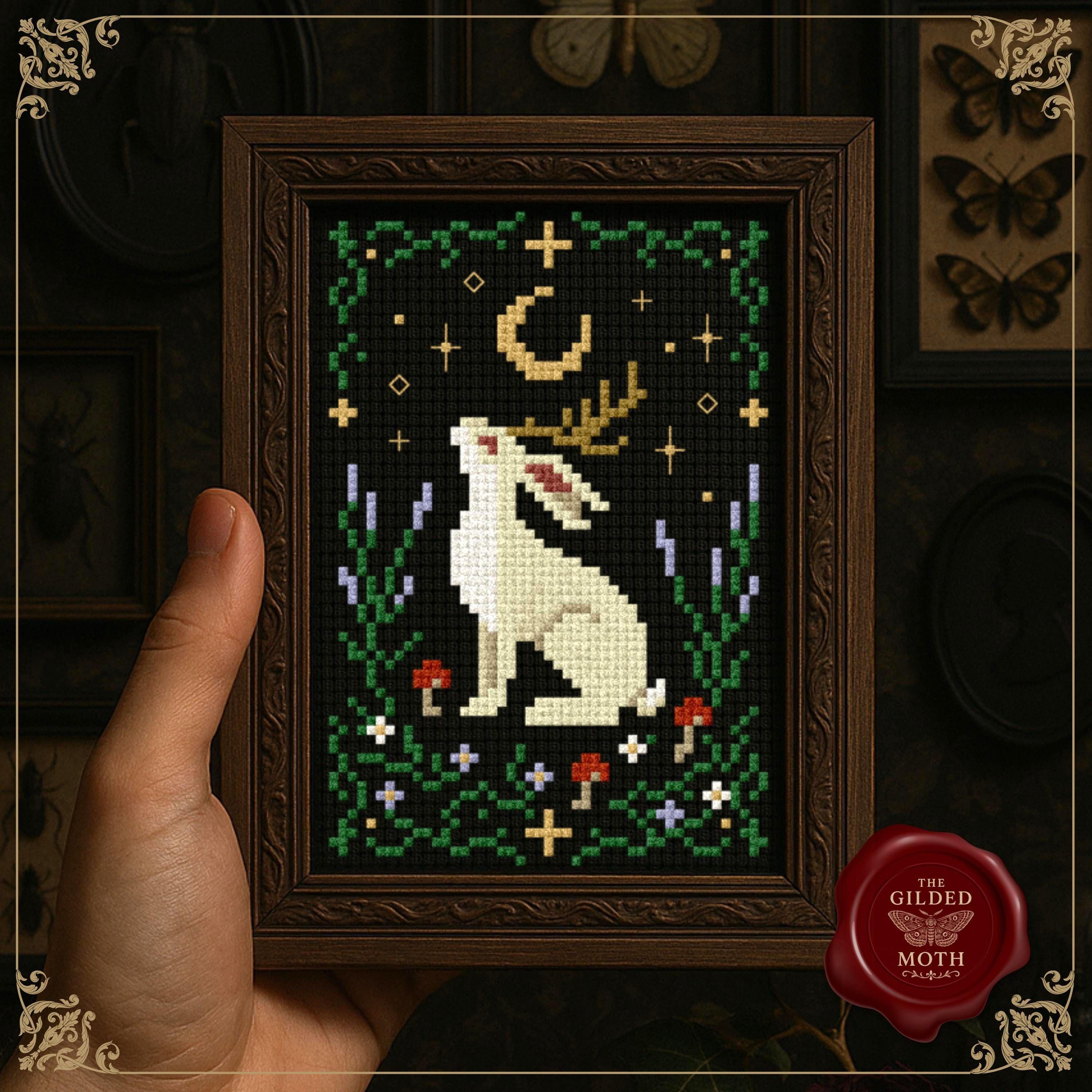 Jackalope counted Cross Stitch Pattern PDF | Gothic Forest Embroidery | Dark Cottagecore Fantasy Animal Design, printable cross stitch chart