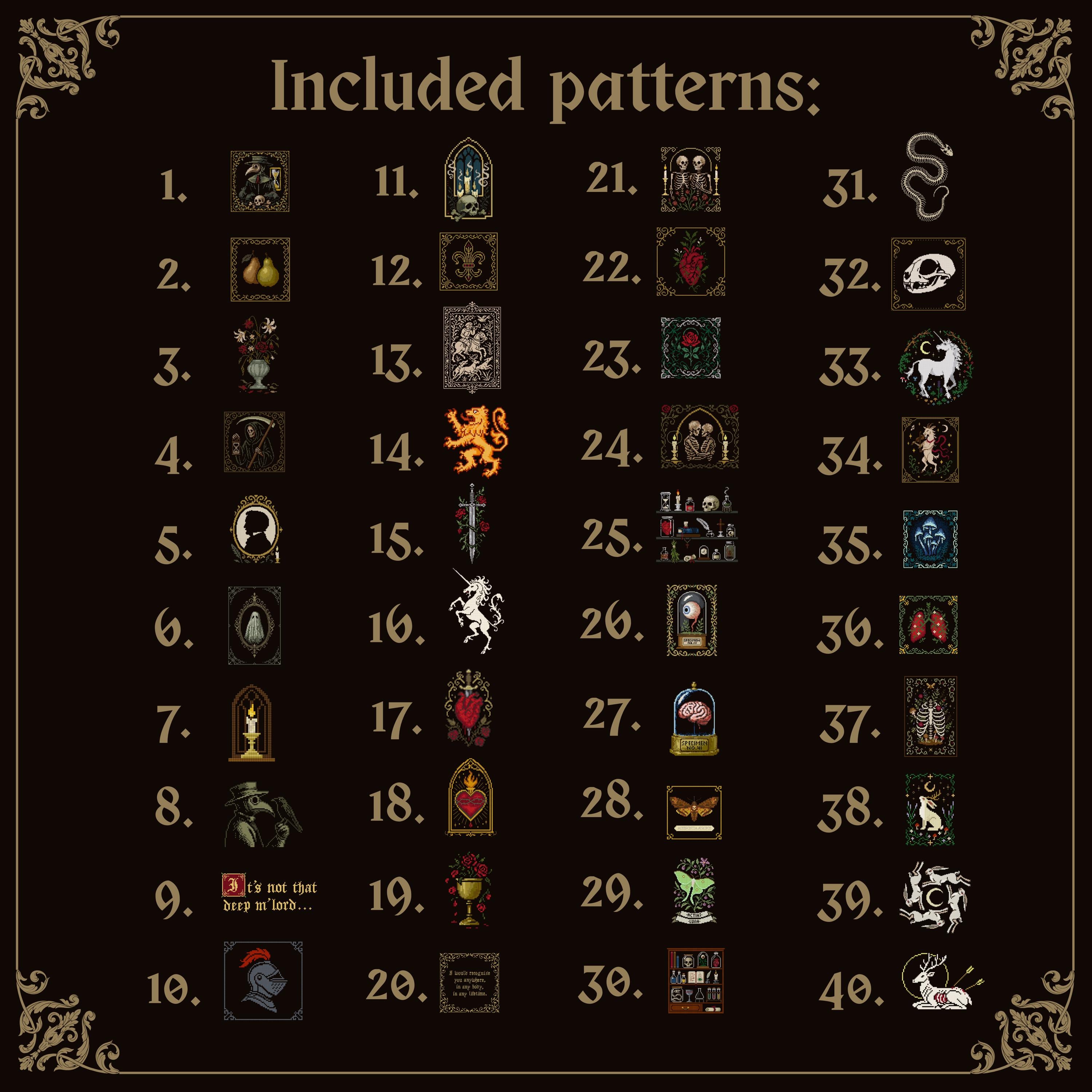 Gothic Cross Stitch Pattern Book | Medieval & gothic Designs | 40 Patterns Digital counted Cross Stitch pack bundle gift for cross stitcher
