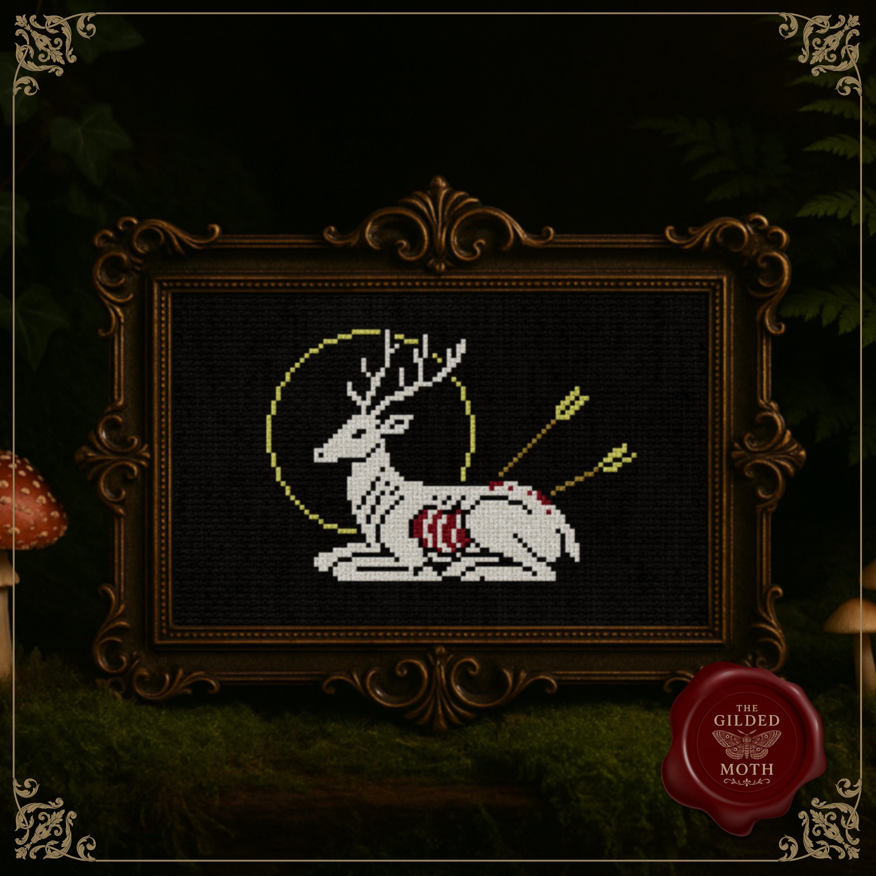 Gothic Stag counted Cross Stitch Pattern,  Wounded Deer Medieval Embroidery, Dark Academia Needlepoint PDF,  Gothic Wildlife Cross Stitch