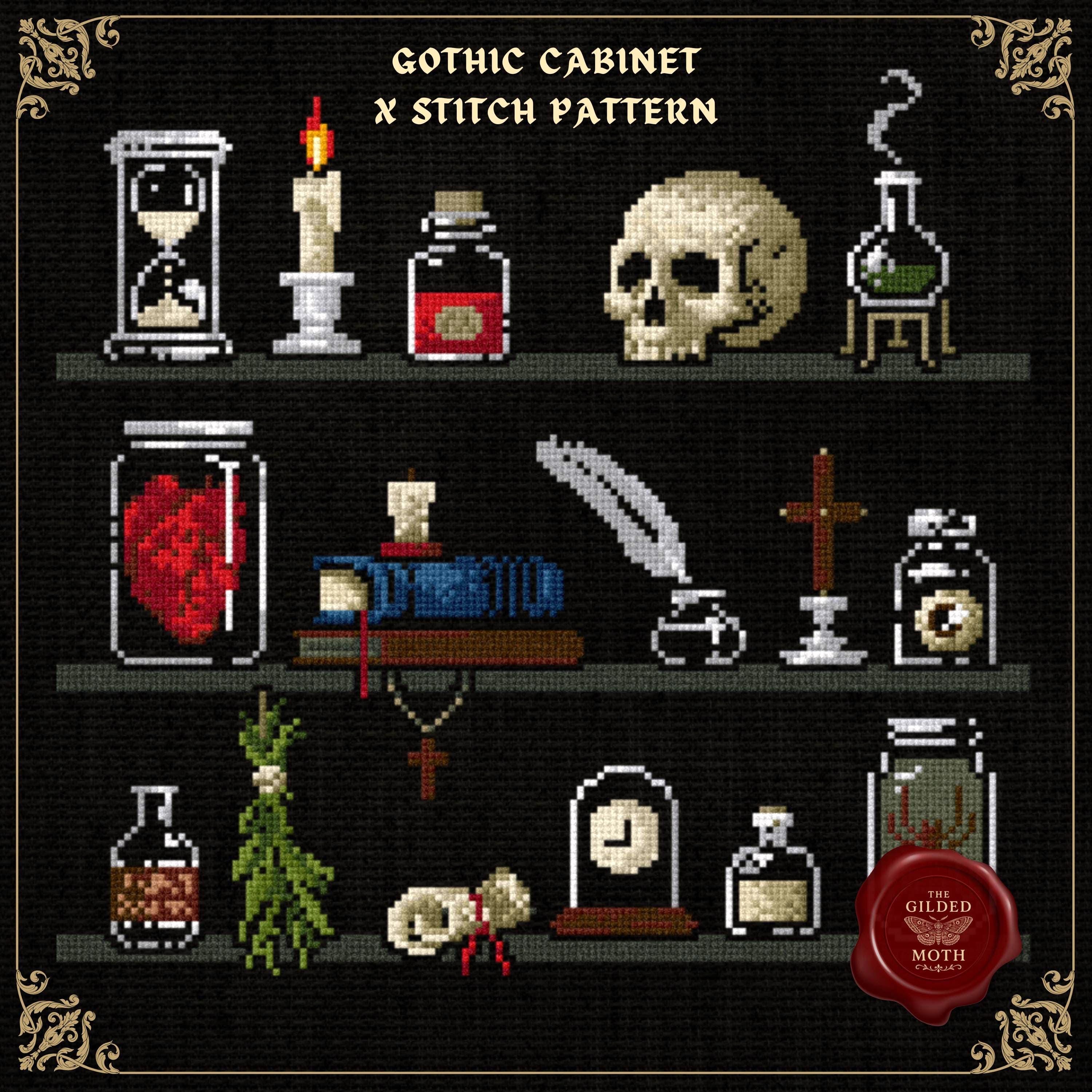 Gothic counted cross stitch pattern printable pdf, apothecary curiosity cabinet Victorian scientist decor | dark academia embroidery pattern