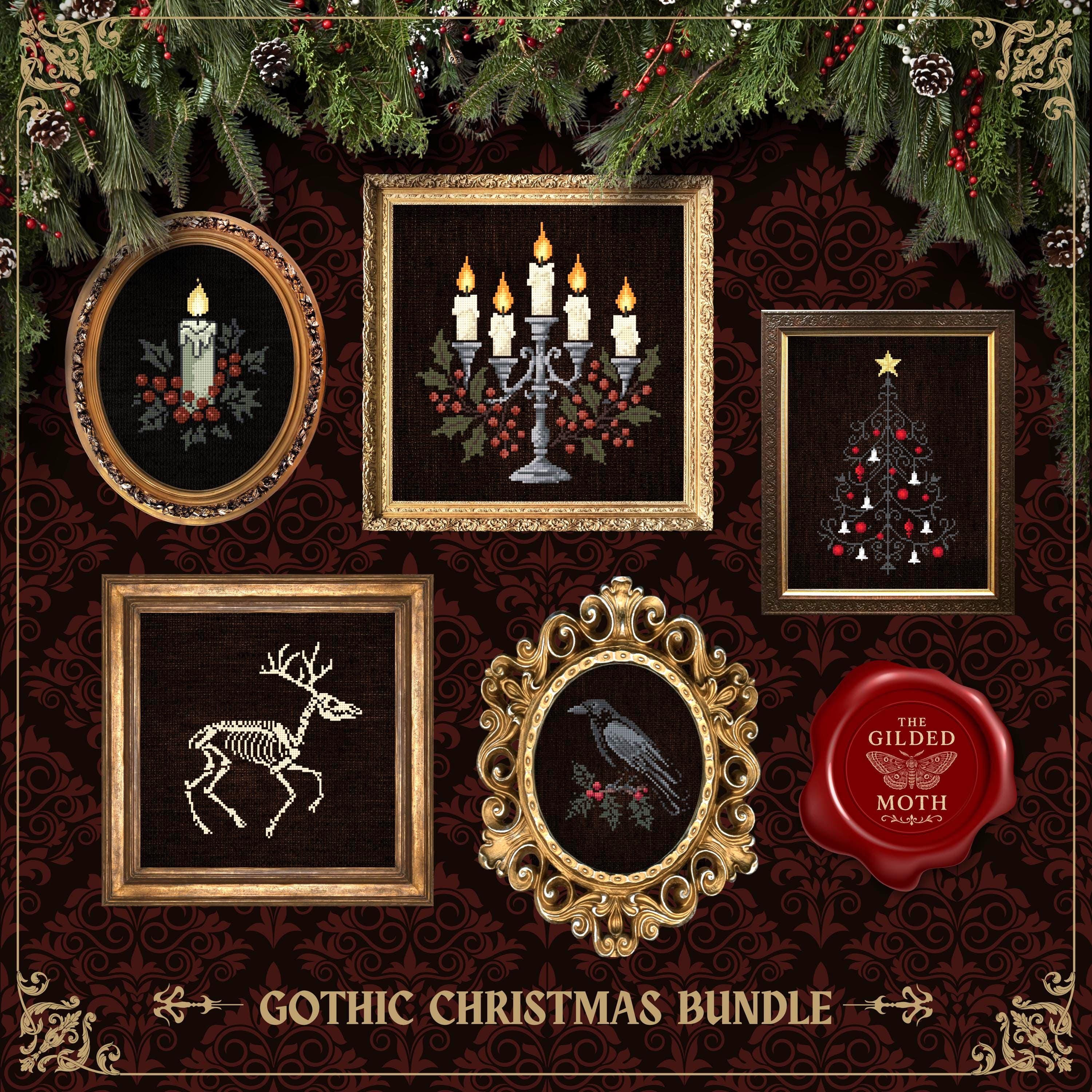 Gothic Christmas counted Cross Stitch Pattern bundle | Dark Holiday Embroidery PDF pack | Digital Download | Black Aida Candle & Poinsettia