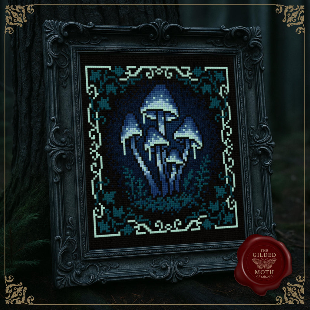 Gothic Glowing Mushroom Cross Stitch Pattern • Bioluminescent Fungi PDF • Dark Fantasy Tapestry Embroidery • Blue Fairycore Black Aida Decor