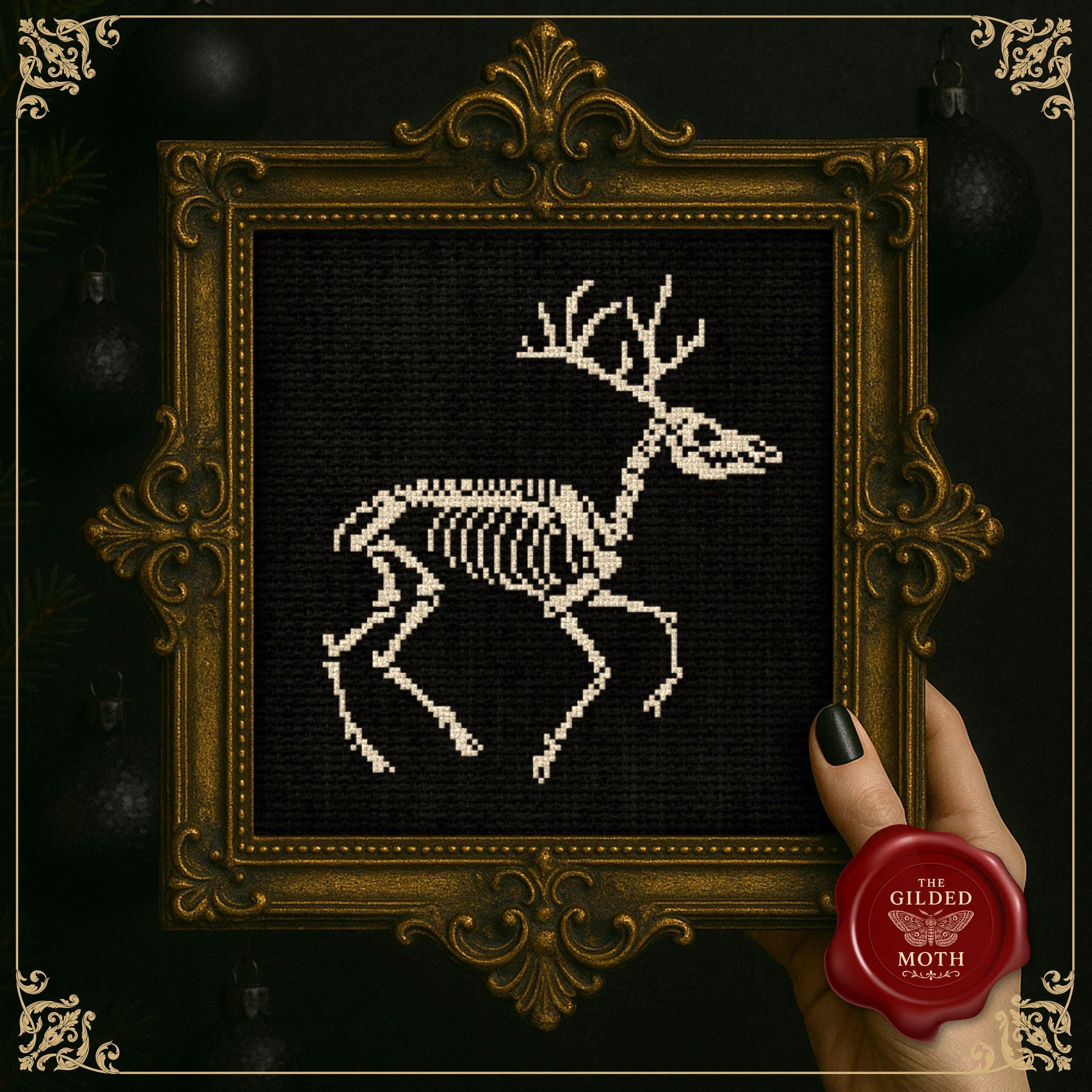 Skeleton Reindeer counted Cross Stitch Pattern | Gothic Christmas Embroidery PDF pack | Dark Holiday Decor | Black Aida Digital Download |