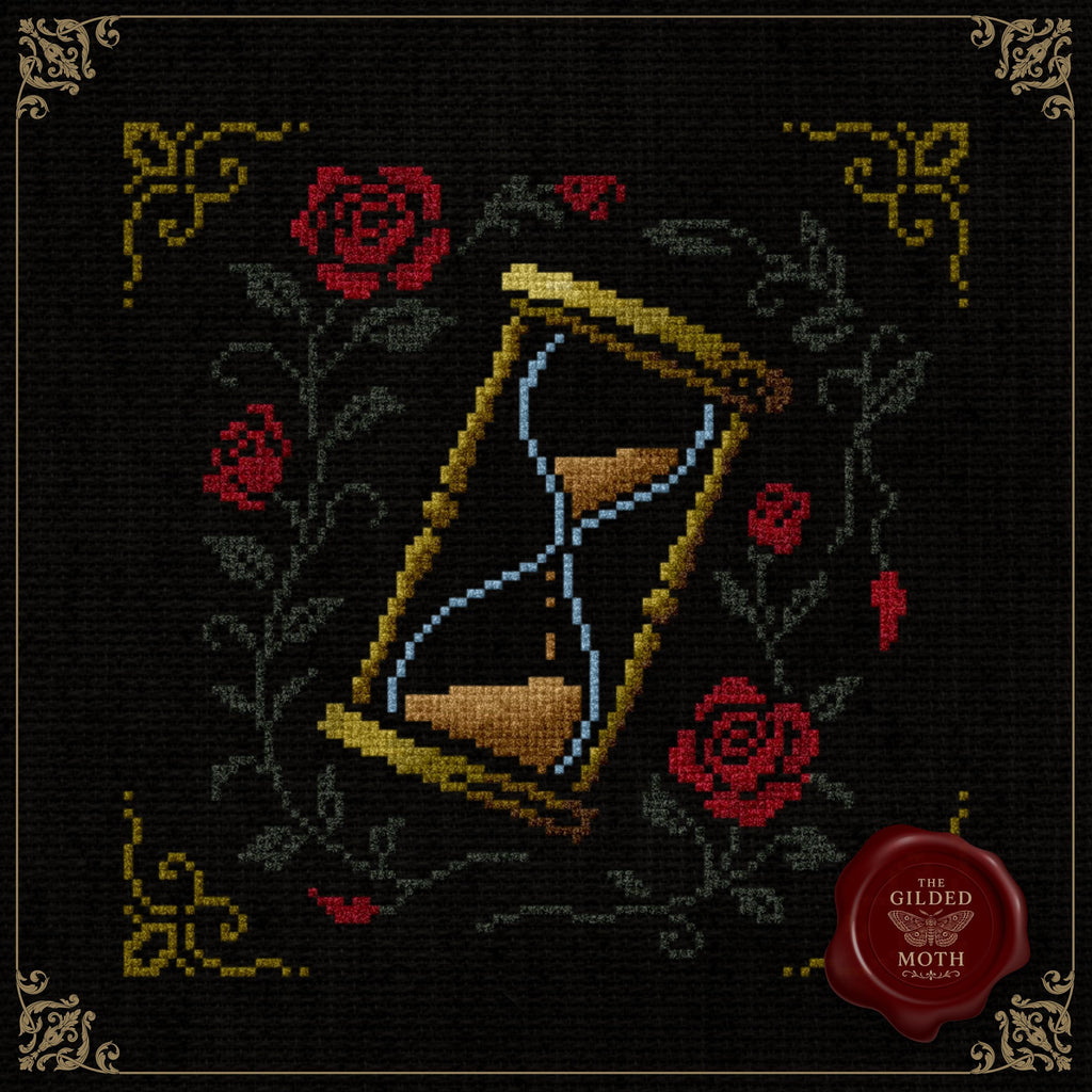 Gothic Hourglass Cross Stitch Pattern • Medieval Time Symbol with Roses PDF • Dark Academia Black Aida Embroidery • Memento Mori Wall Art