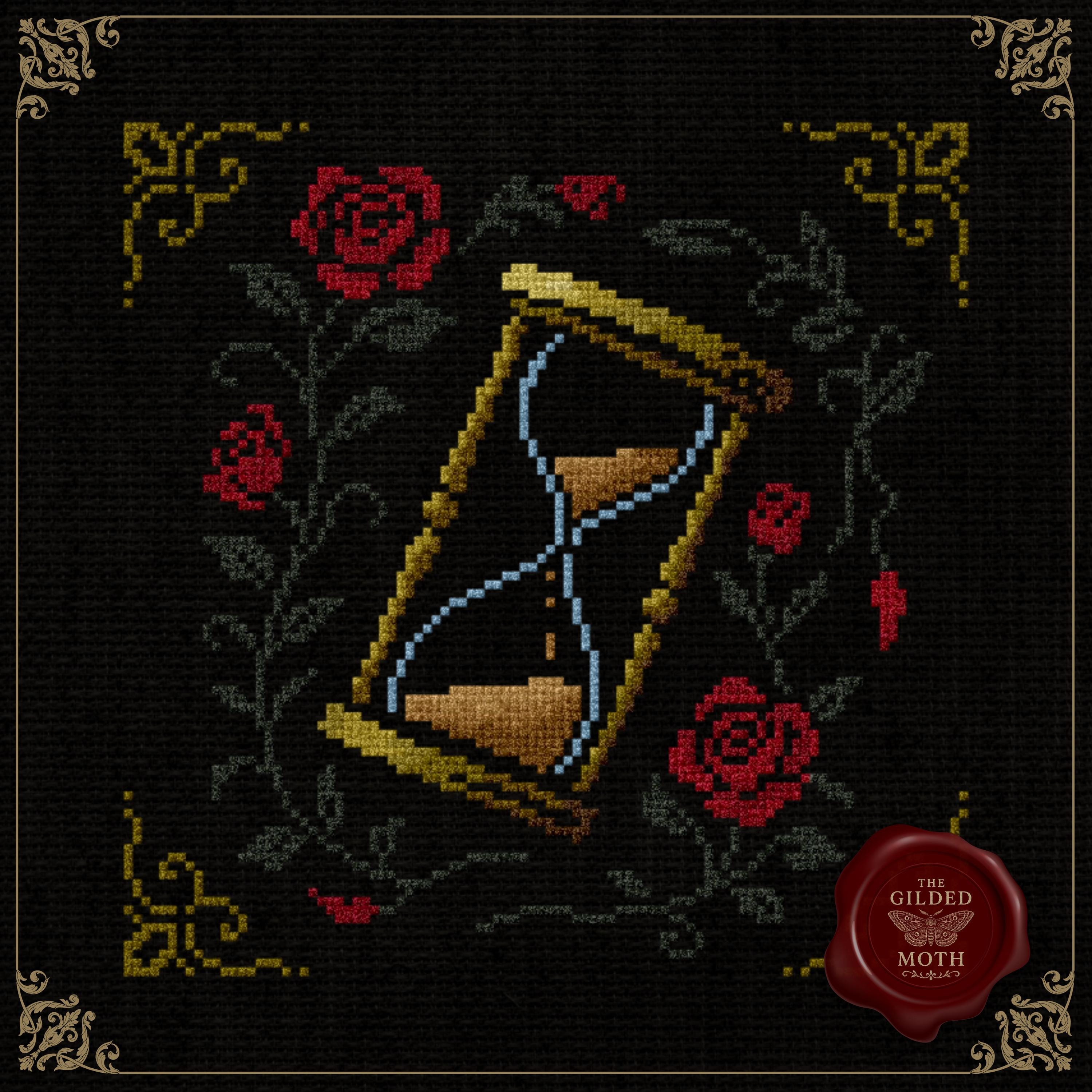 Gothic Hourglass Cross Stitch Pattern • Medieval Time Symbol with Roses PDF • Dark Academia Black Aida Embroidery • Memento Mori Wall Art