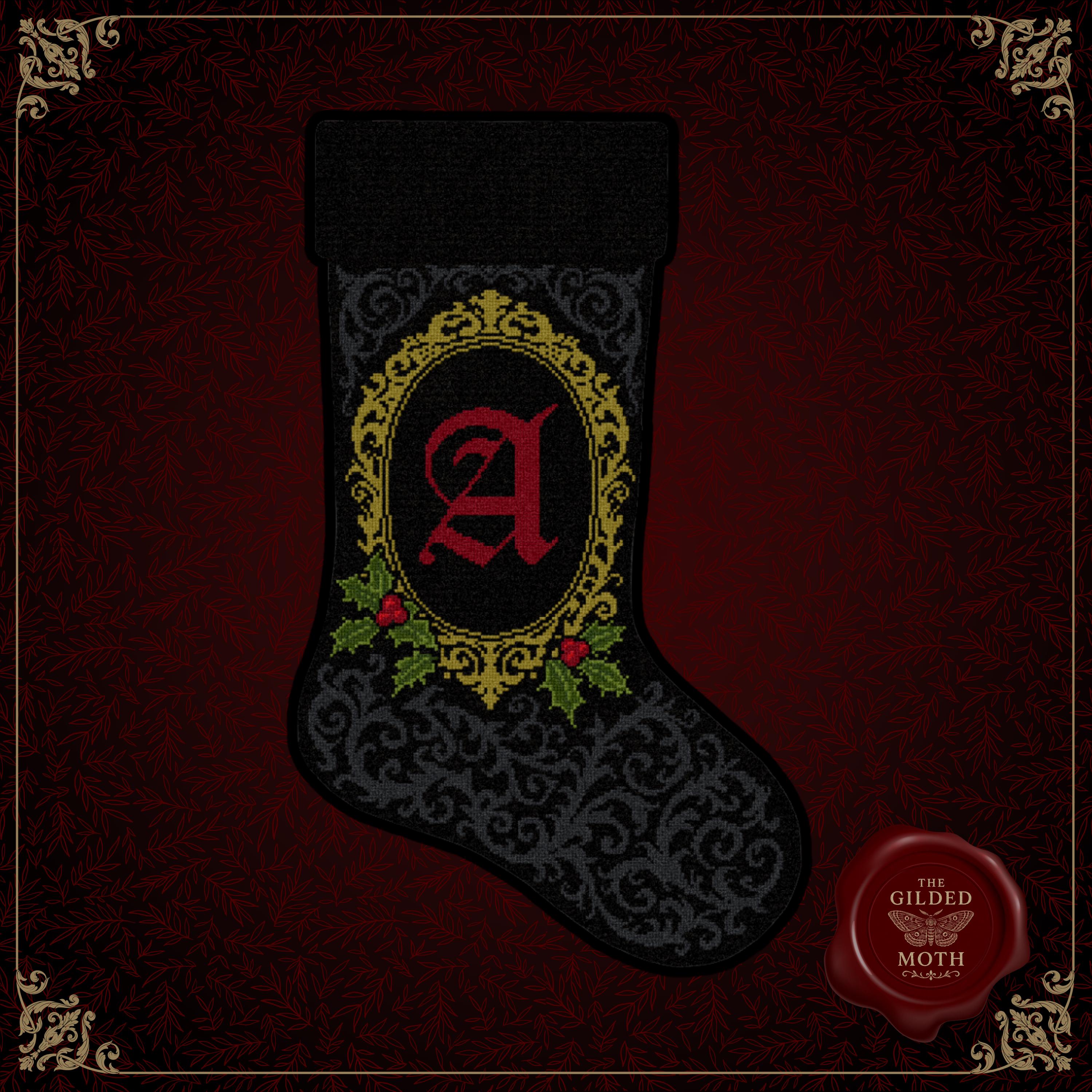 Gothic Christmas Stocking counted Cross Stitch Pattern • Medieval Custom Name Stocking, Black Aida Ornament Pattern, Dark Holiday Decor PDF