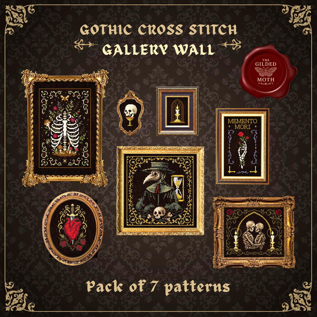 Gothic counted Cross Stitch Gallery Wall | Dark Academia Embroidery Bundle | Skeleton & Heart Designs | PDF Set printable stitch multipack