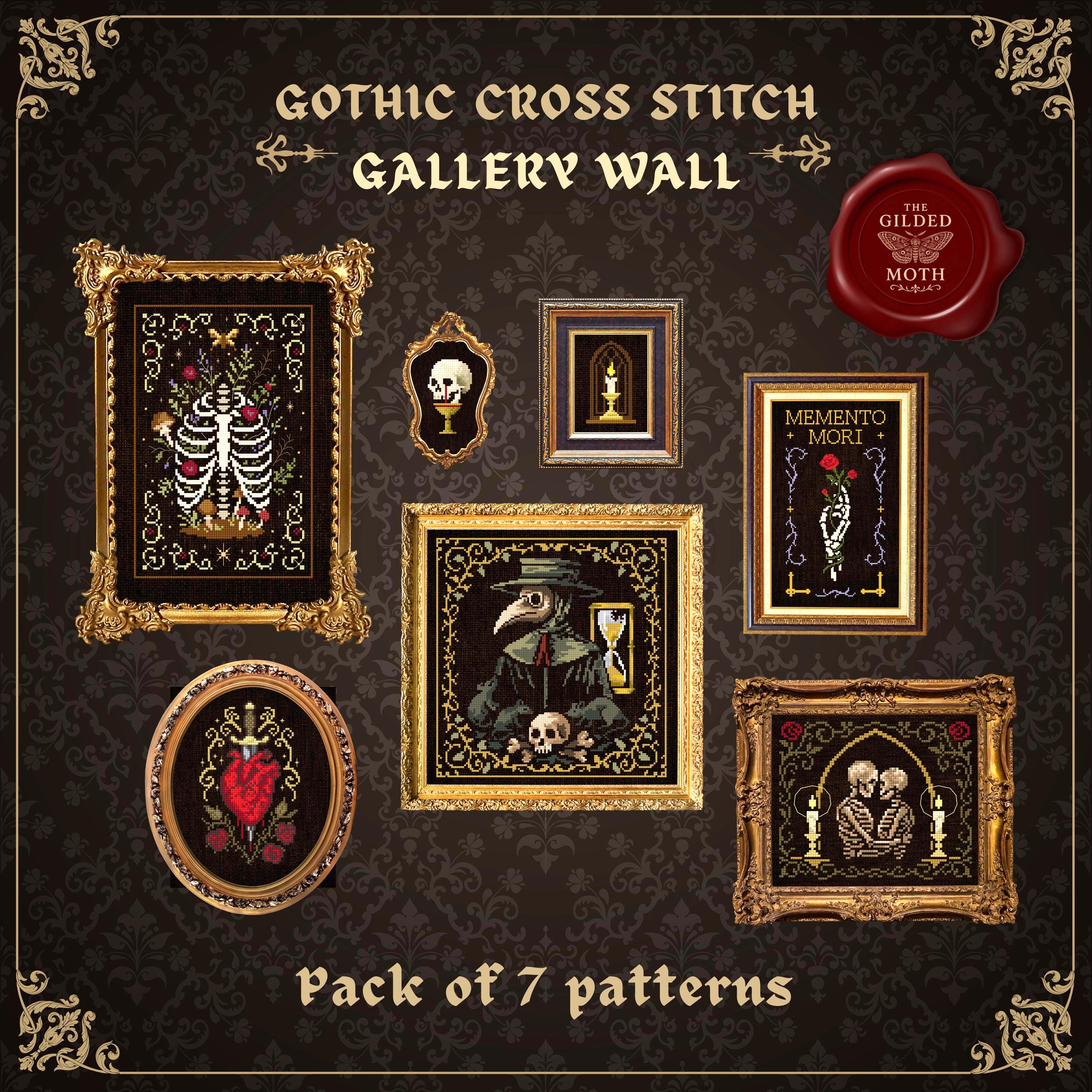 Gothic counted Cross Stitch Gallery Wall | Dark Academia Embroidery Bundle | Skeleton & Heart Designs | PDF Set printable stitch multipack