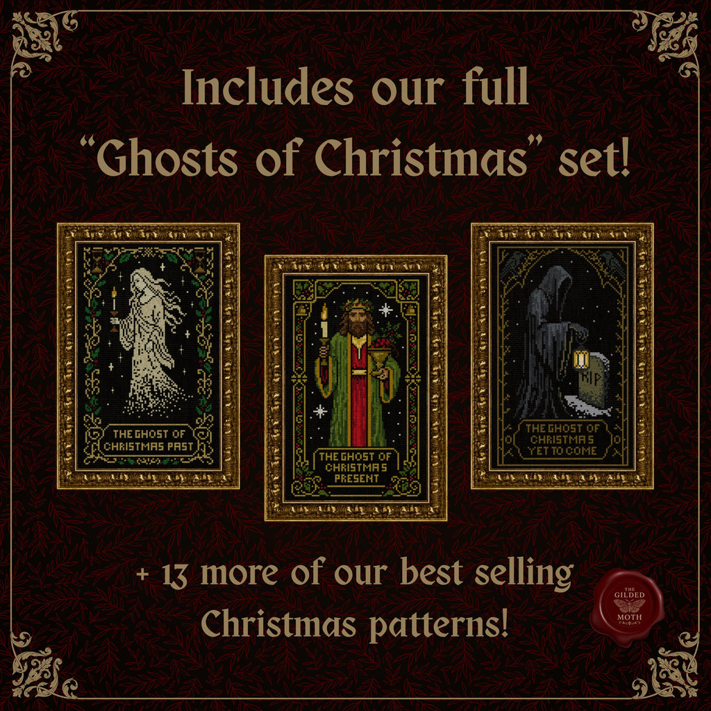 Gothic Christmas Cross Stitch Bundle, 16 Pattern PDF Set, Dark Holiday Decor, alternative Xmas Patterns, Ghosts, Skull, Wreath, Raven pack