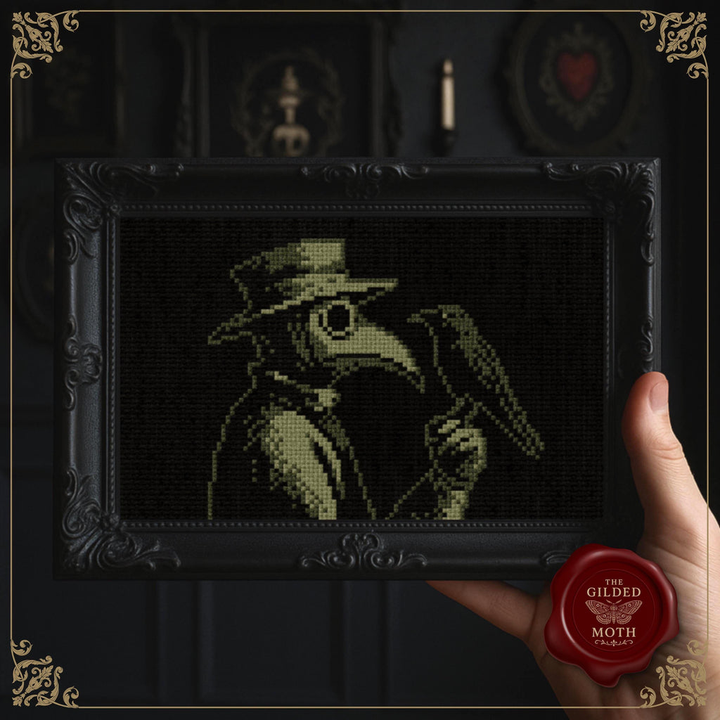 Plague Doctor Cross Stitch Pattern • Gothic Raven Embroidery PDF • Dark Medieval Plague Mask Needlework • Witchy Blackwork Stitching Design