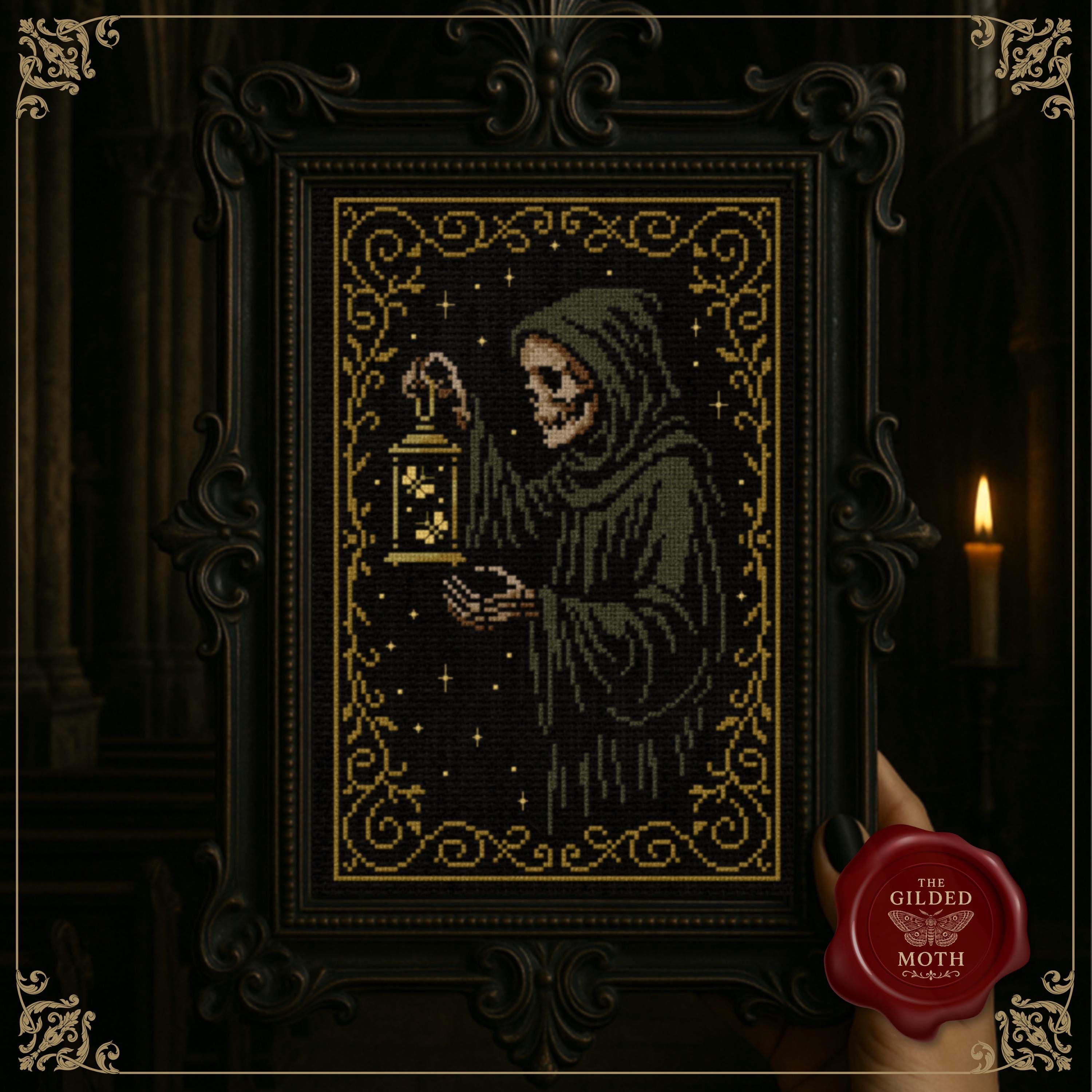 Lantern Grim Reaper Cross Stitch Pattern • Gothic Skeleton Embroidery • Needlework • Dark Academia Black Aida Sampler • Medieval Wall Art
