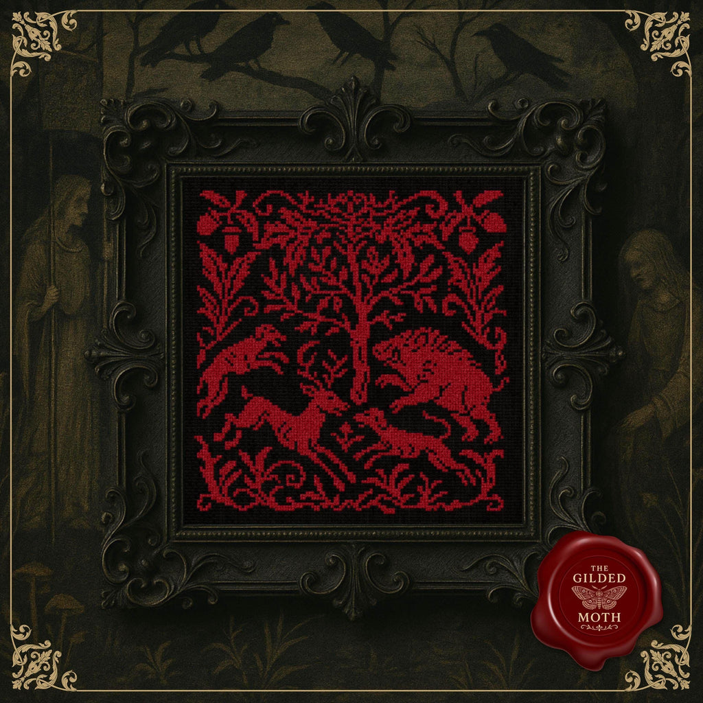 Gothic Medieval Hunt Cross Stitch Pattern • Redwork Forest Scene • Boar & Hound Tapestry Embroidery • Dark Academia PDF • Black Aida Pattern