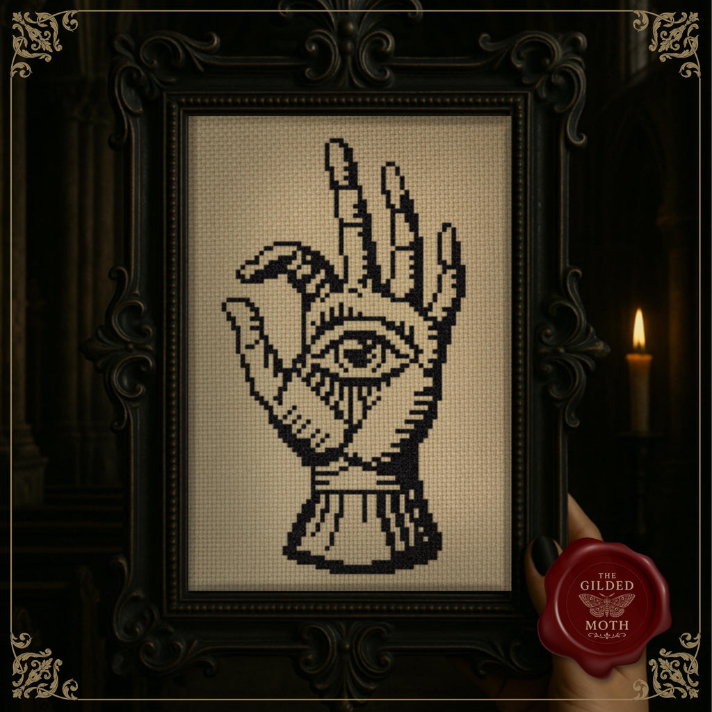Gothic Hand With Eye Cross Stitch Pattern • Medieval Occult Palm Symbol PDF • One Colour Blackwork Embroidery • Witchy Wall Art Pattern