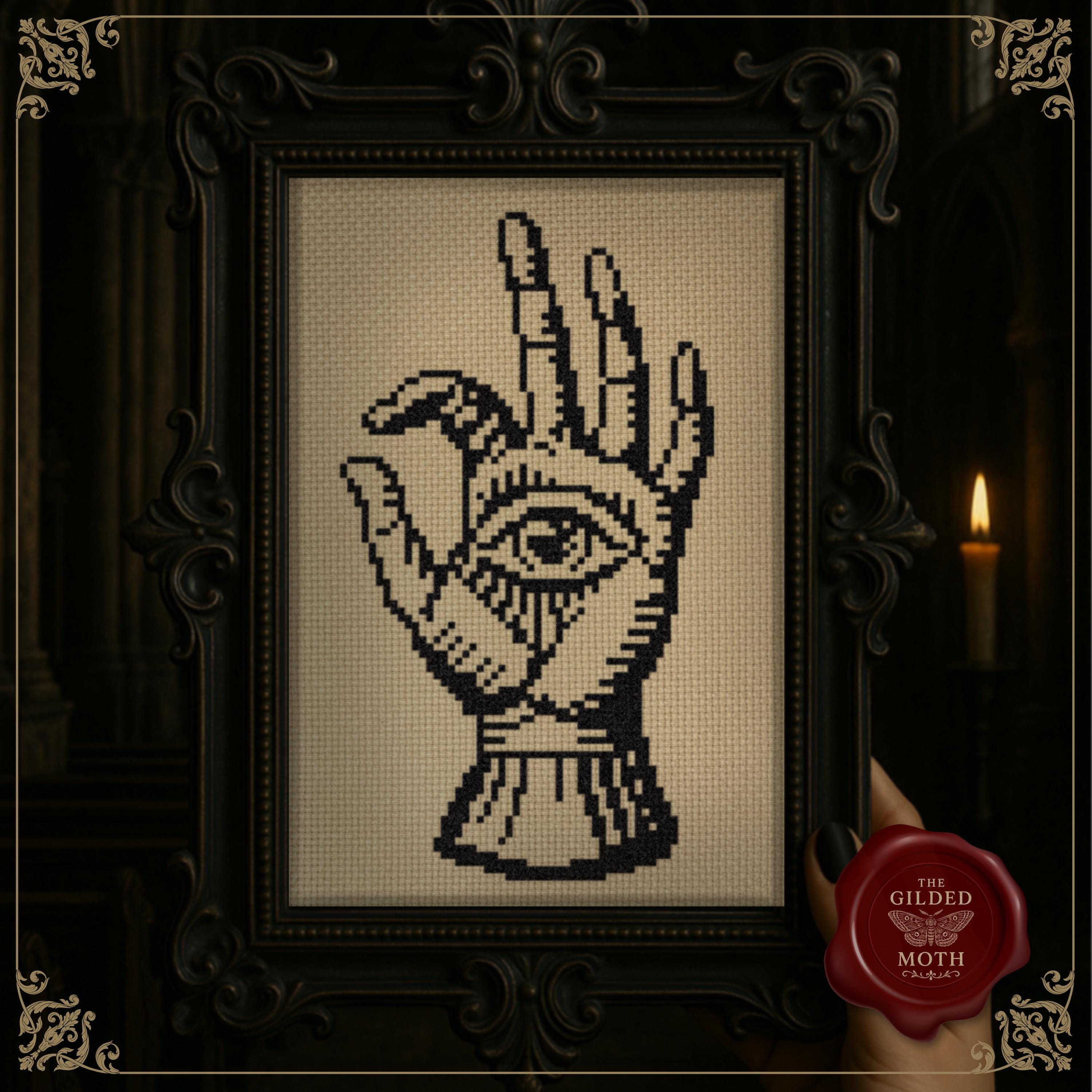 Gothic Hand With Eye Cross Stitch Pattern • Medieval Occult Palm Symbol PDF • One Colour Blackwork Embroidery • Witchy Wall Art Pattern