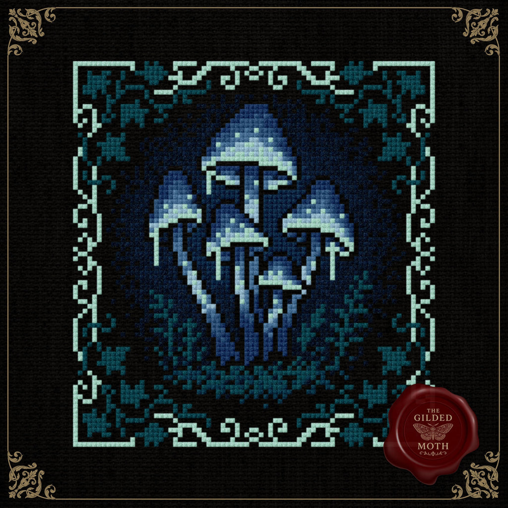Gothic Glowing Mushroom Cross Stitch Pattern • Bioluminescent Fungi PDF • Dark Fantasy Tapestry Embroidery • Blue Fairycore Black Aida Decor