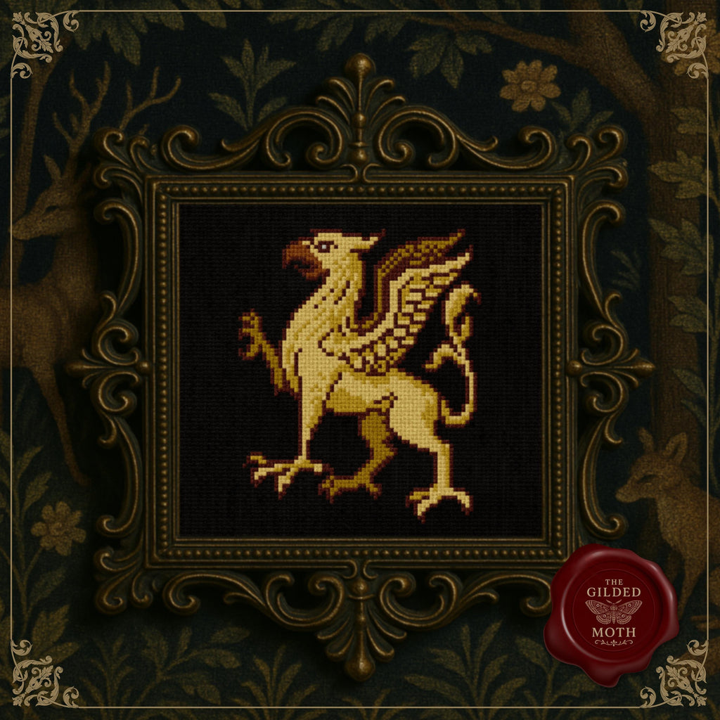 Medieval Griffin Cross Stitch Pattern • Gothic Gryphon Embroidery  • Heraldry Fantasy Creature Needlework • Medieval Crest Wall Art Pattern