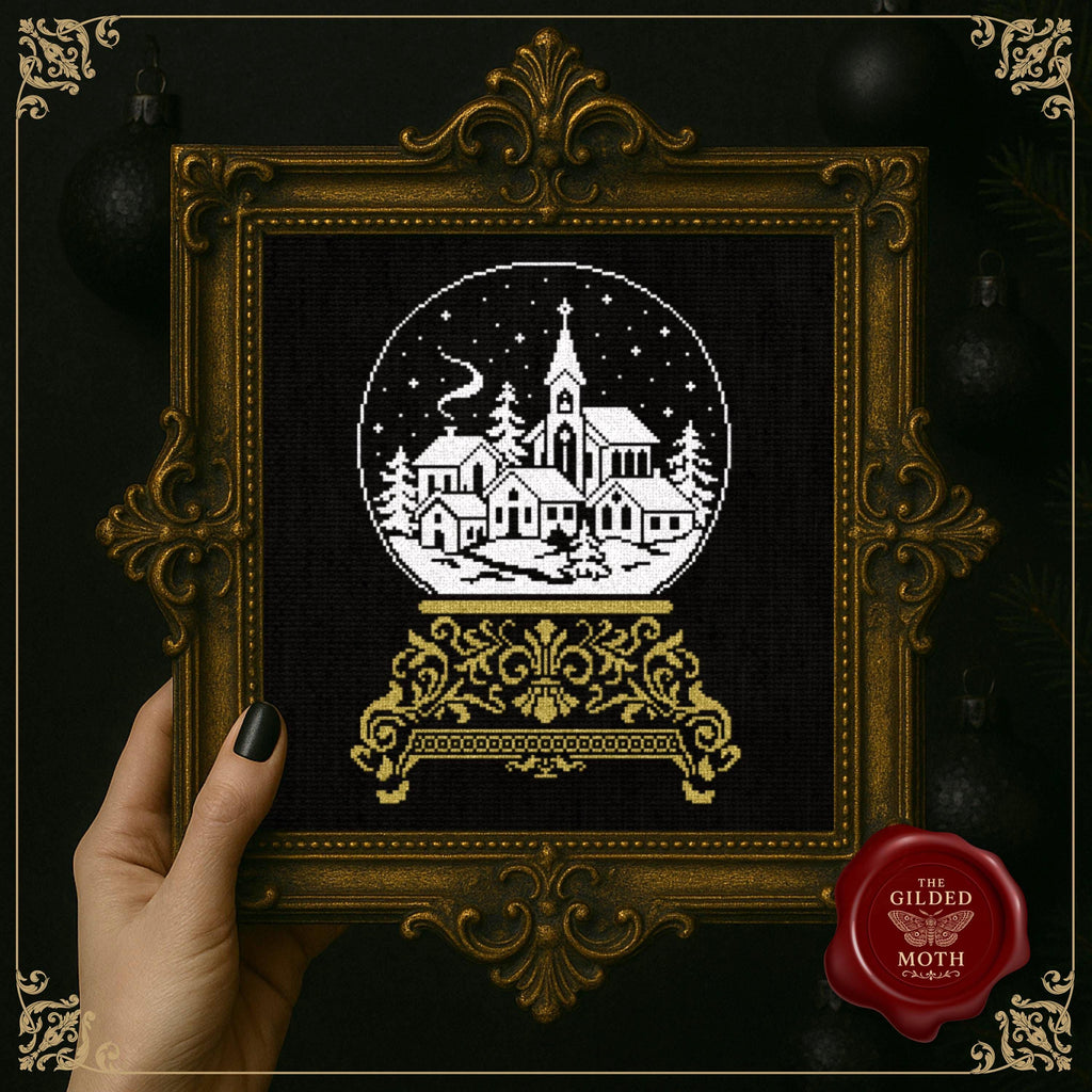 Christmas Snow Globe counted Cross Stitch Pattern | Gothic Christmas Embroidery PDF pack | Dark Holiday Decor | Black Aida Digital Download