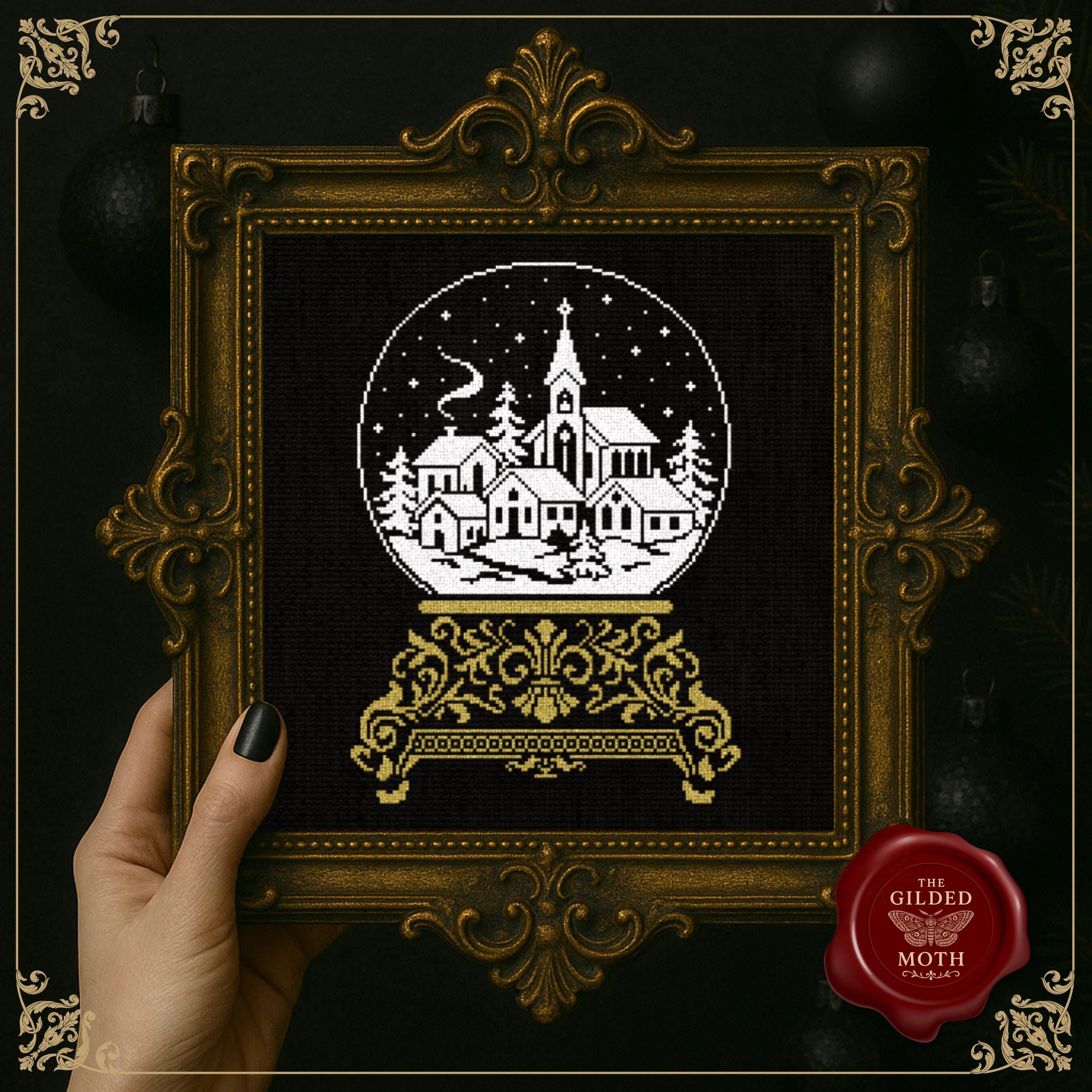 Christmas Snow Globe counted Cross Stitch Pattern | Gothic Christmas Embroidery PDF pack | Dark Holiday Decor | Black Aida Digital Download
