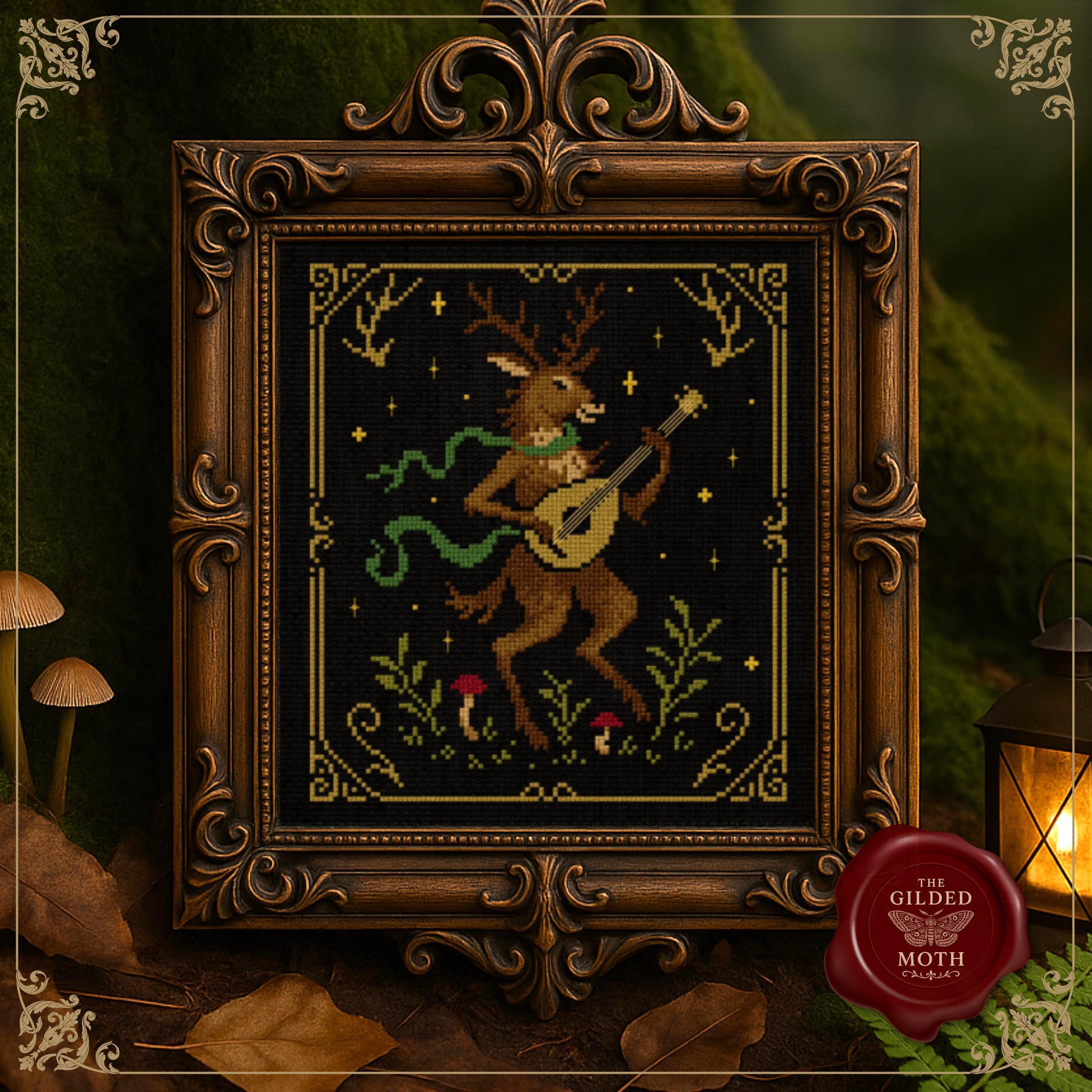 Medieval Stag Bard Cross Stitch Pattern • Gothic Fantasy Deer Playing Lute PDF • Dark Cottagecore Tapestry Embroidery • Black Aida Decor