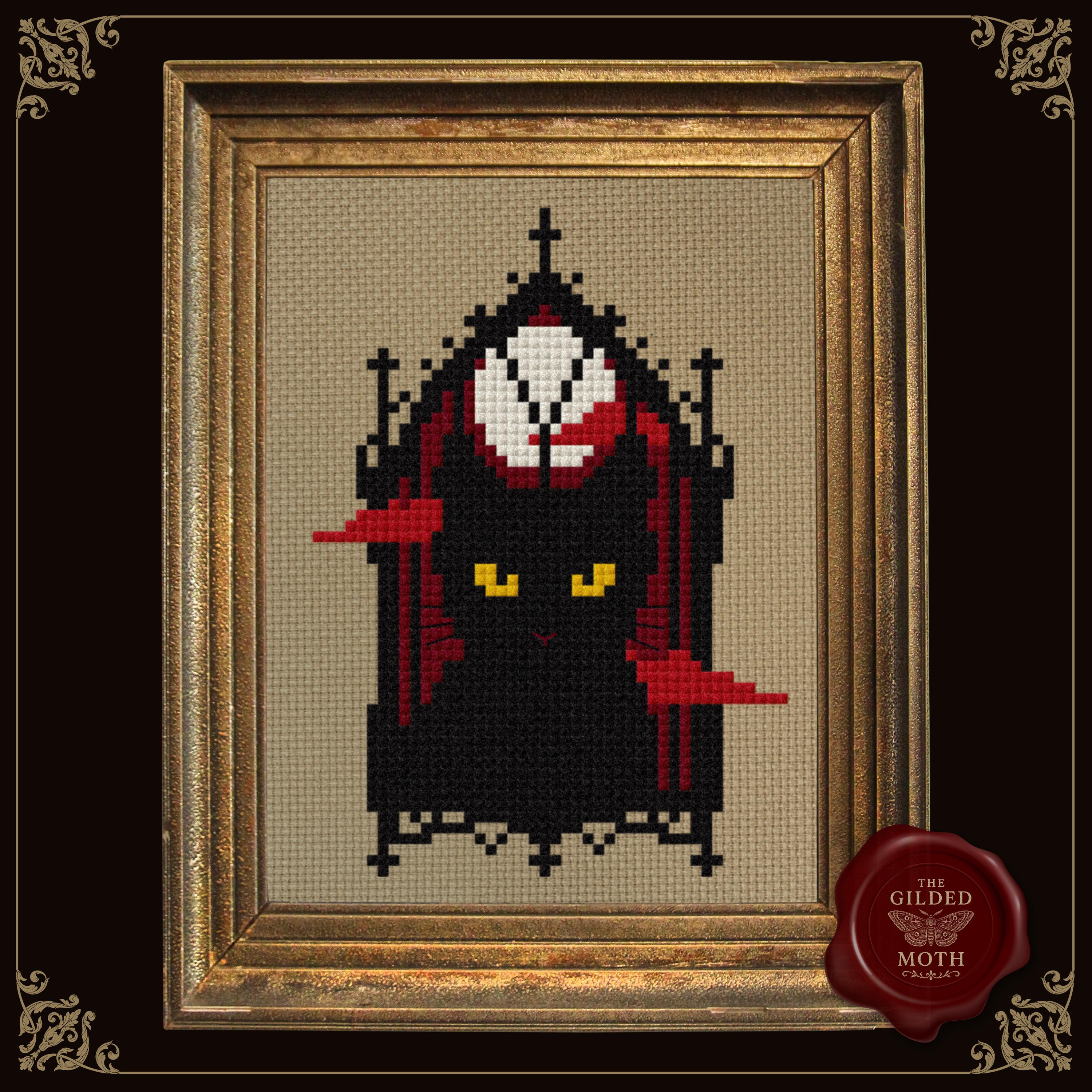 Gothic Black Cat counted Cross Stitch Pattern • Occult Altar Cat PDF, Witchy Red Gothic Embroidery, Dark Cottagecore Needlepoint • Blackwork
