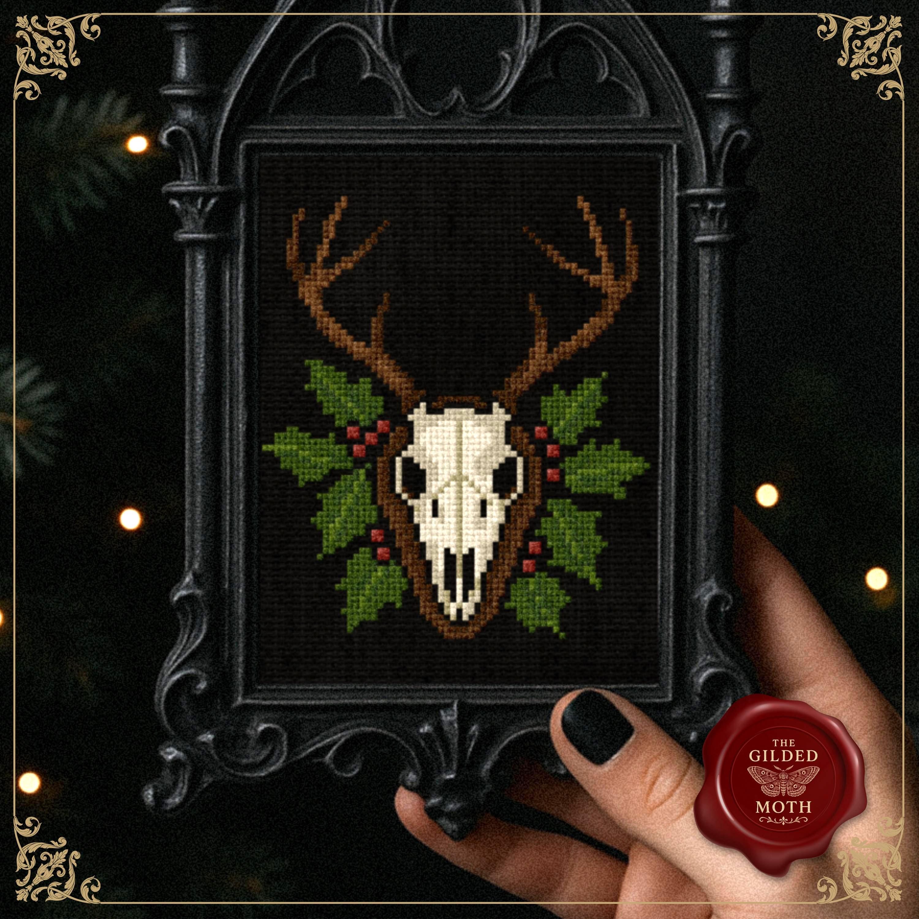 Gothic Reindeer Skull Cross Stitch Pattern • Dark Christmas Deer Skull PDF • Holly & Antlers • Black Aida Gothic Holiday Embroidery Chart