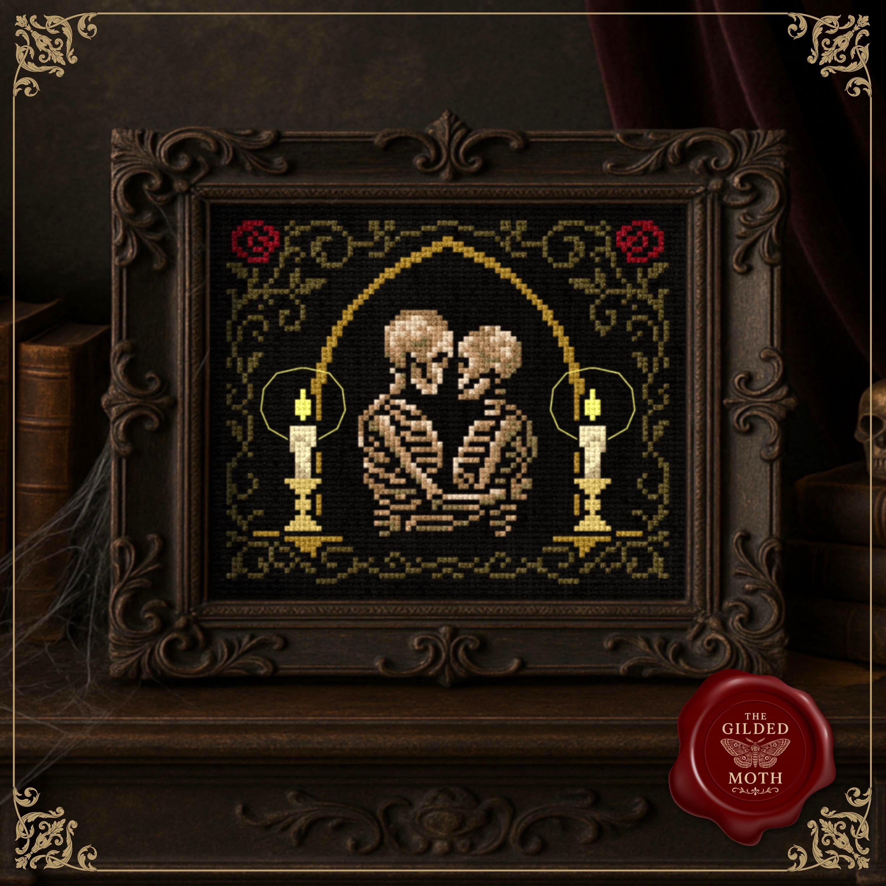 Gothic counted Cross Stitch Pattern: Macabre skeleton lovers Romance (PDF) printable Victorian gothic embroidery chart digital download
