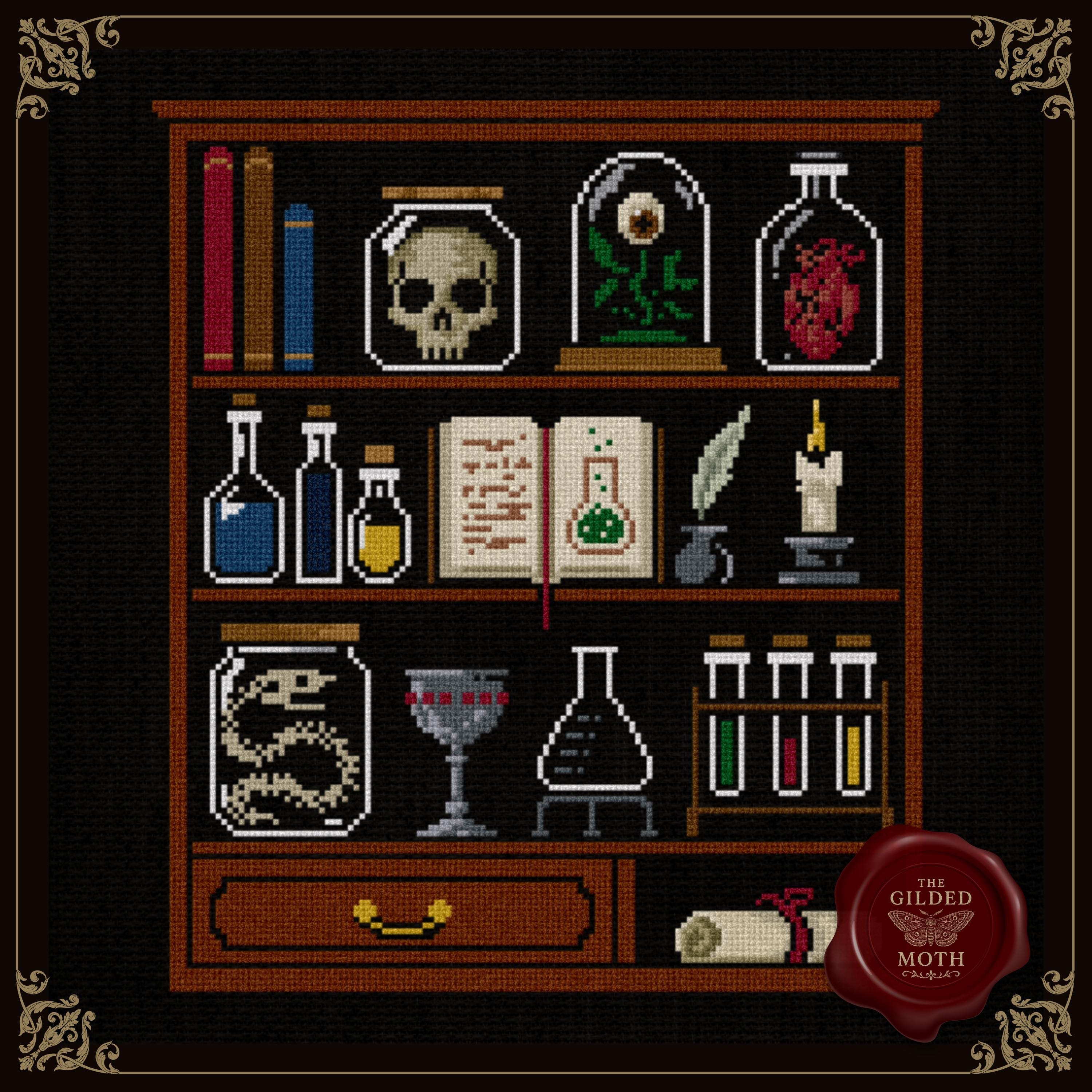 Gothic Apothecary Cross Stitch Pattern • Dark Academia Potion Shelf Embroidery PDF • Medieval Cabinet of Curiosities • Cottage Goth Decor