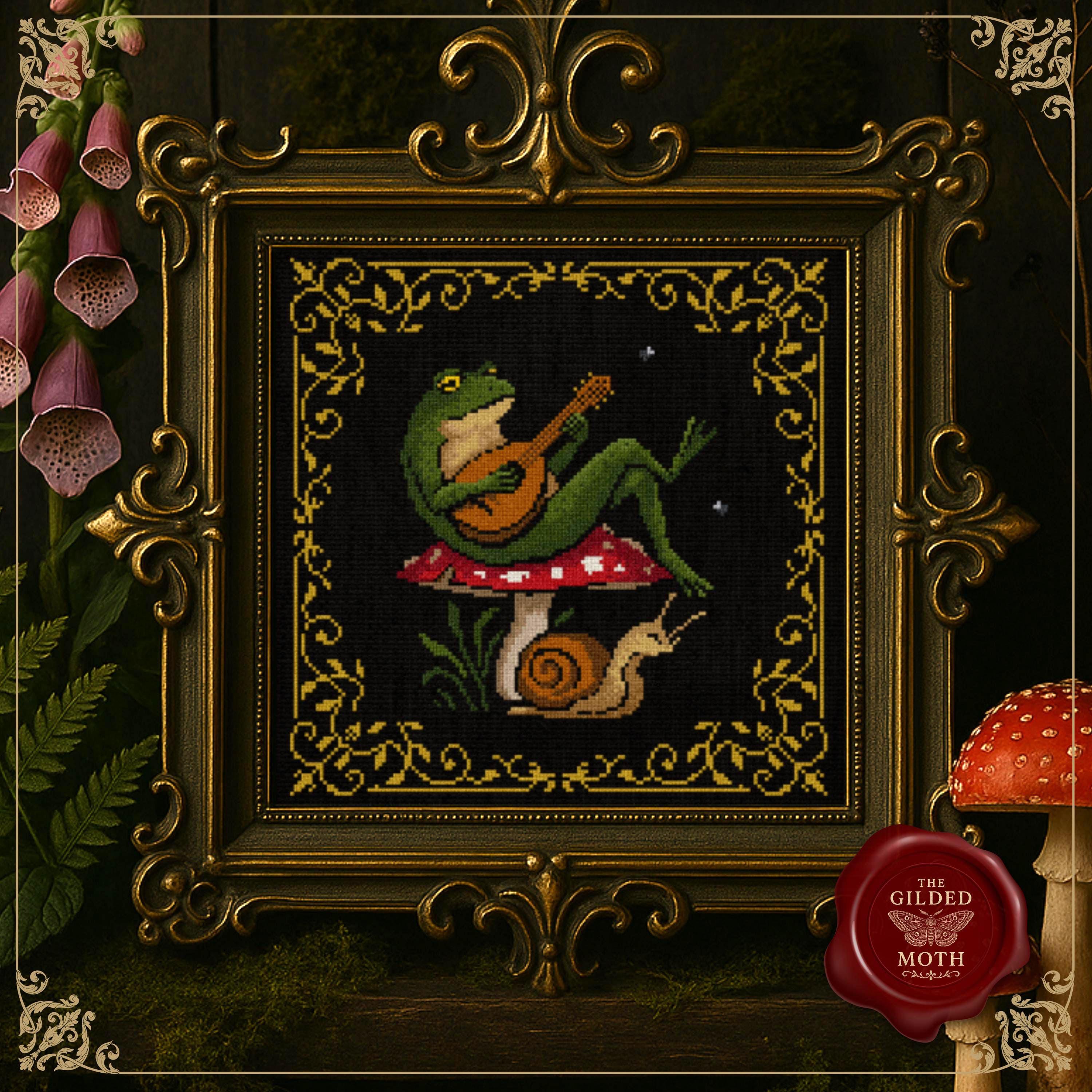 Medieval Frog Bard Cross Stitch Pattern • Gothic Cottagecore Toad Playing Lute • Mushroom & Snail Tapestry Embroidery • Dark Academia Decor