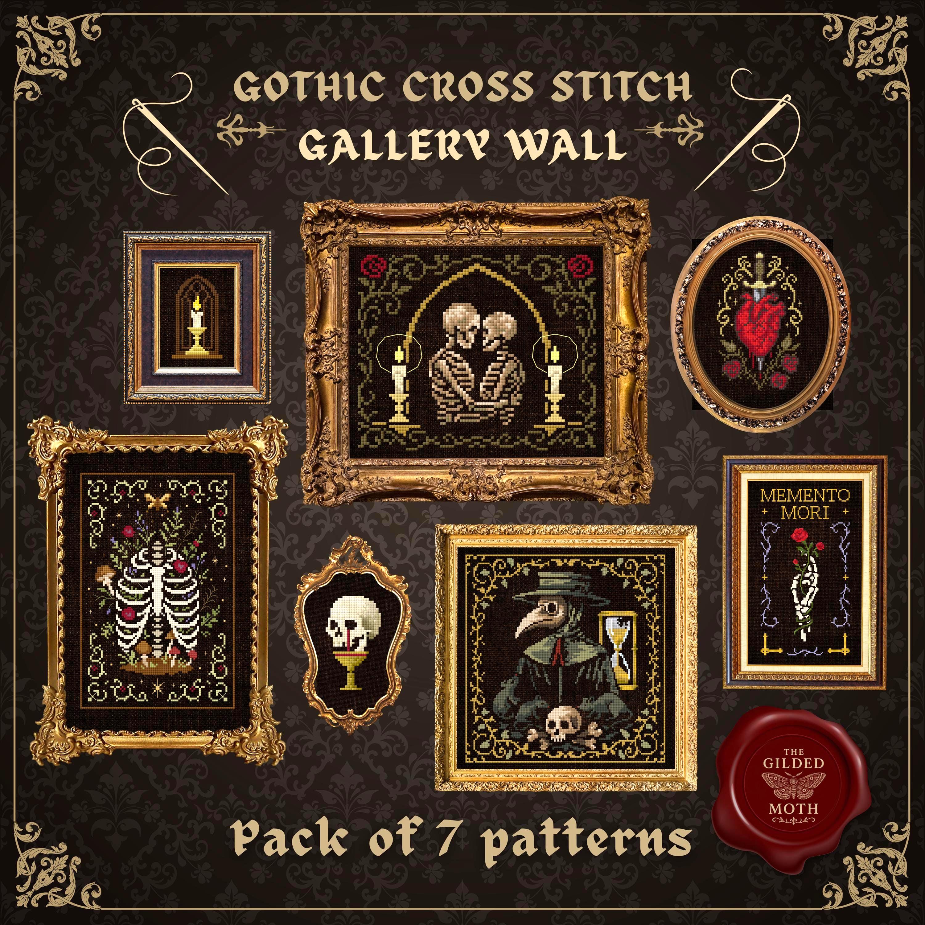 Gothic counted Cross Stitch Gallery Wall | Dark Academia Embroidery Bundle | Skeleton & Heart Designs | PDF Set printable stitch multipack