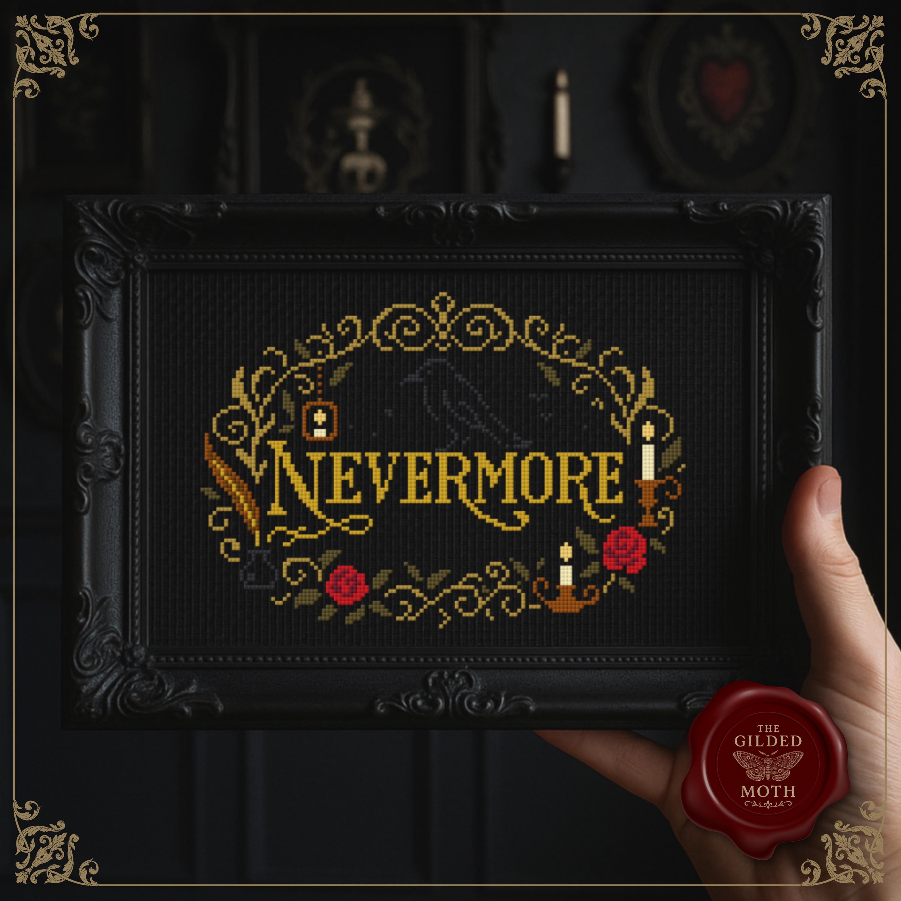 Gothic counted Cross Stitch Pattern PDF, nevermore Raven Embroidery, Dark academia Edgar Allan Poe Quote Design, poetry printable