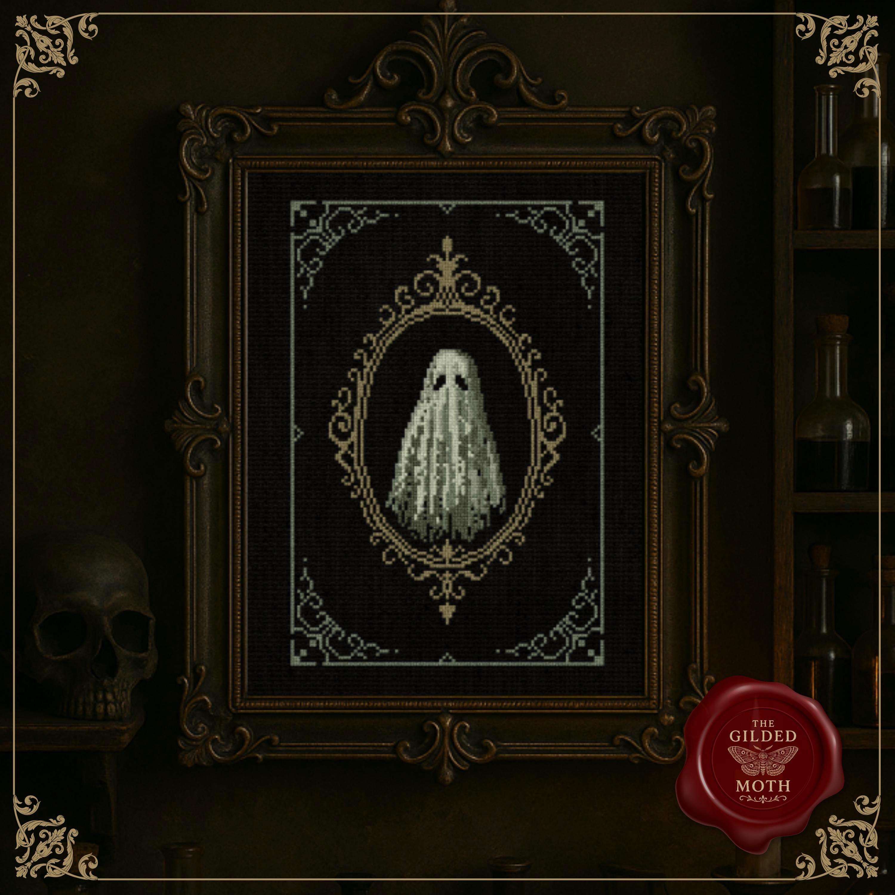 Victorian Ghost counted Cross Stitch Pattern • Gothic Haunted Portrait PDF • Dark Cottagecore Embroidery Design, cute ornate ghost pattern