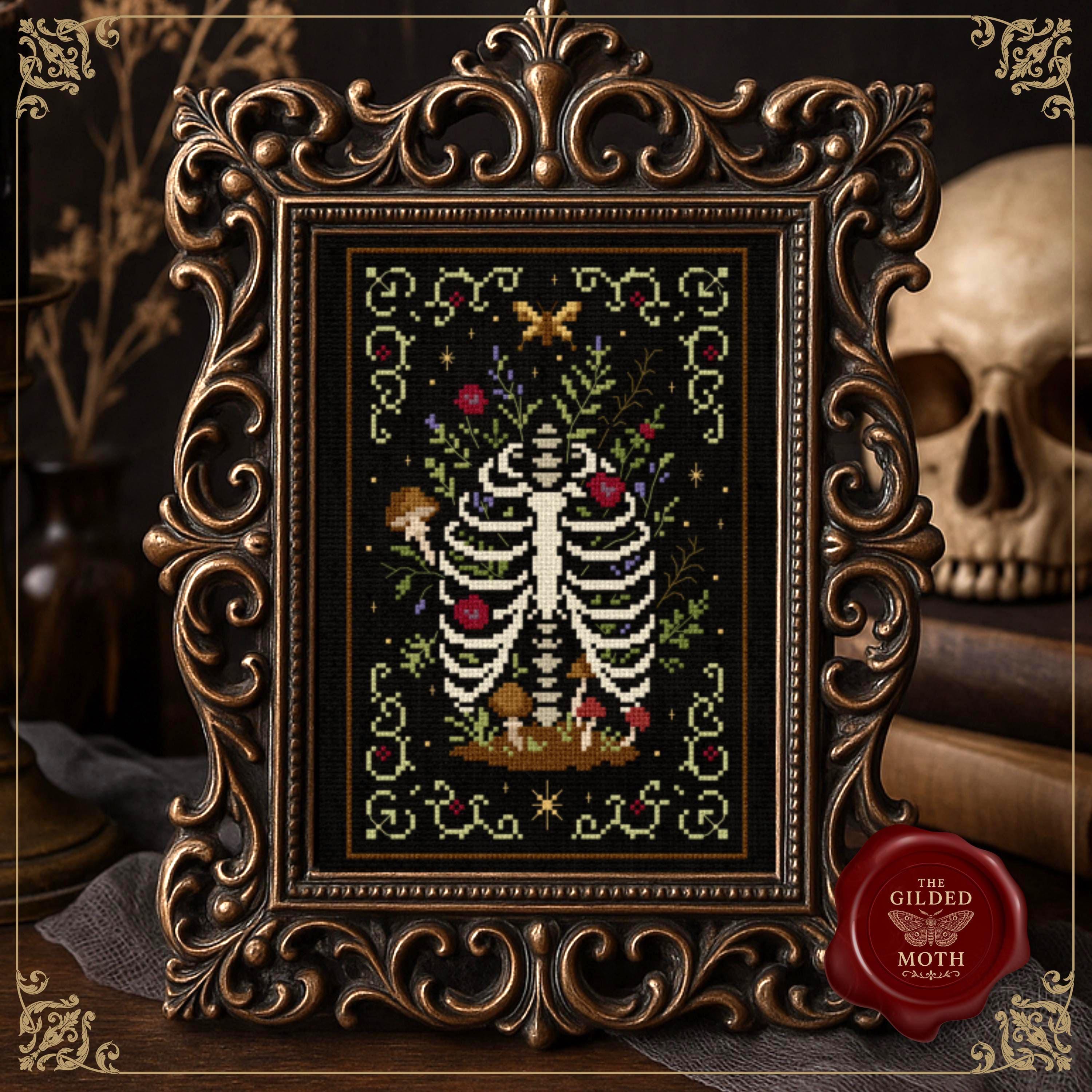 Gothic counted Cross Stitch Pattern: Skeleton Floral Dark Cottagecore Embroidery (PDF Pattern)