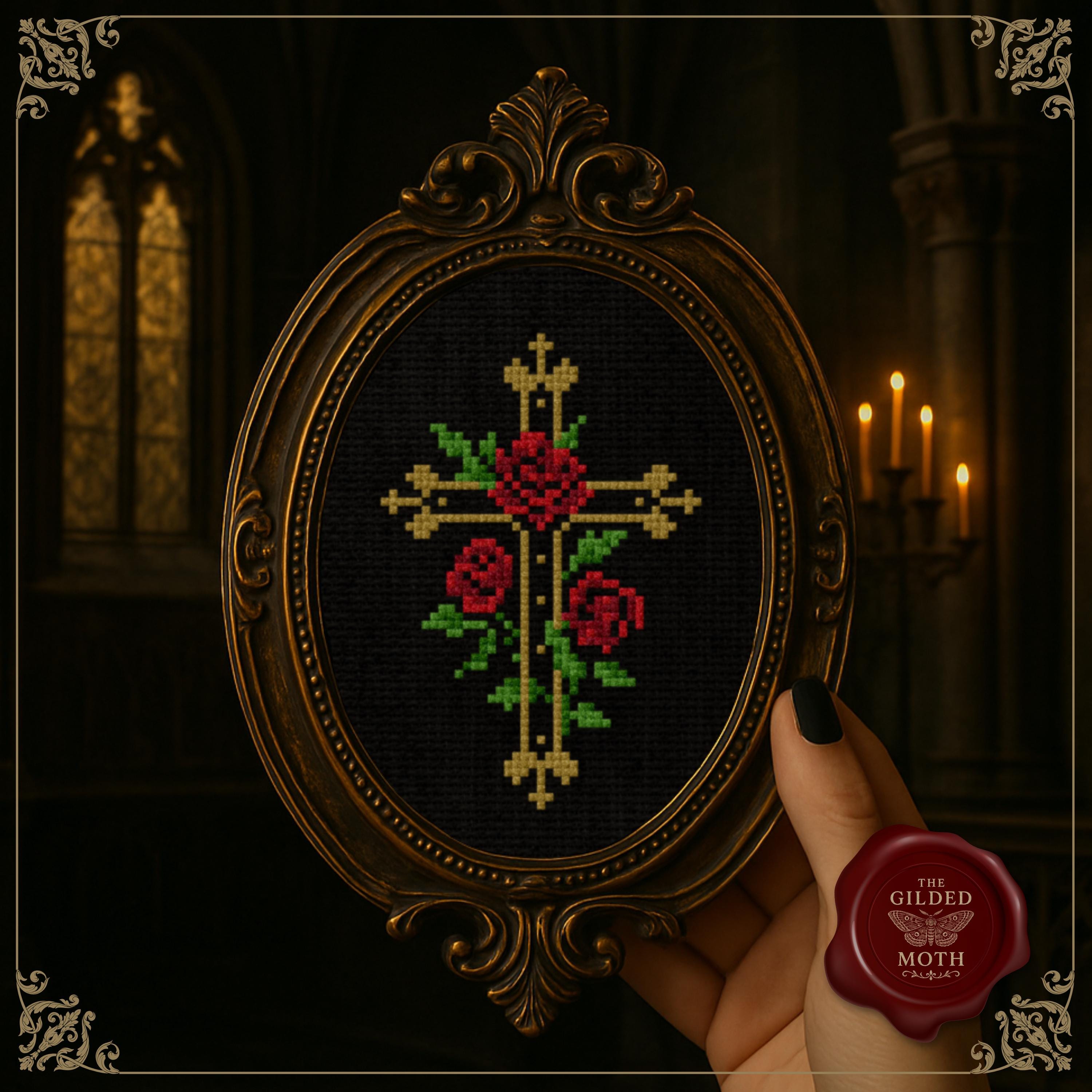 Gothic Cross Stitch Gallery Wall Bundle | religious Dark Academia Embroidery Patterns | Sacred Heart, Chalice, Gothic Window, Angel, Rose