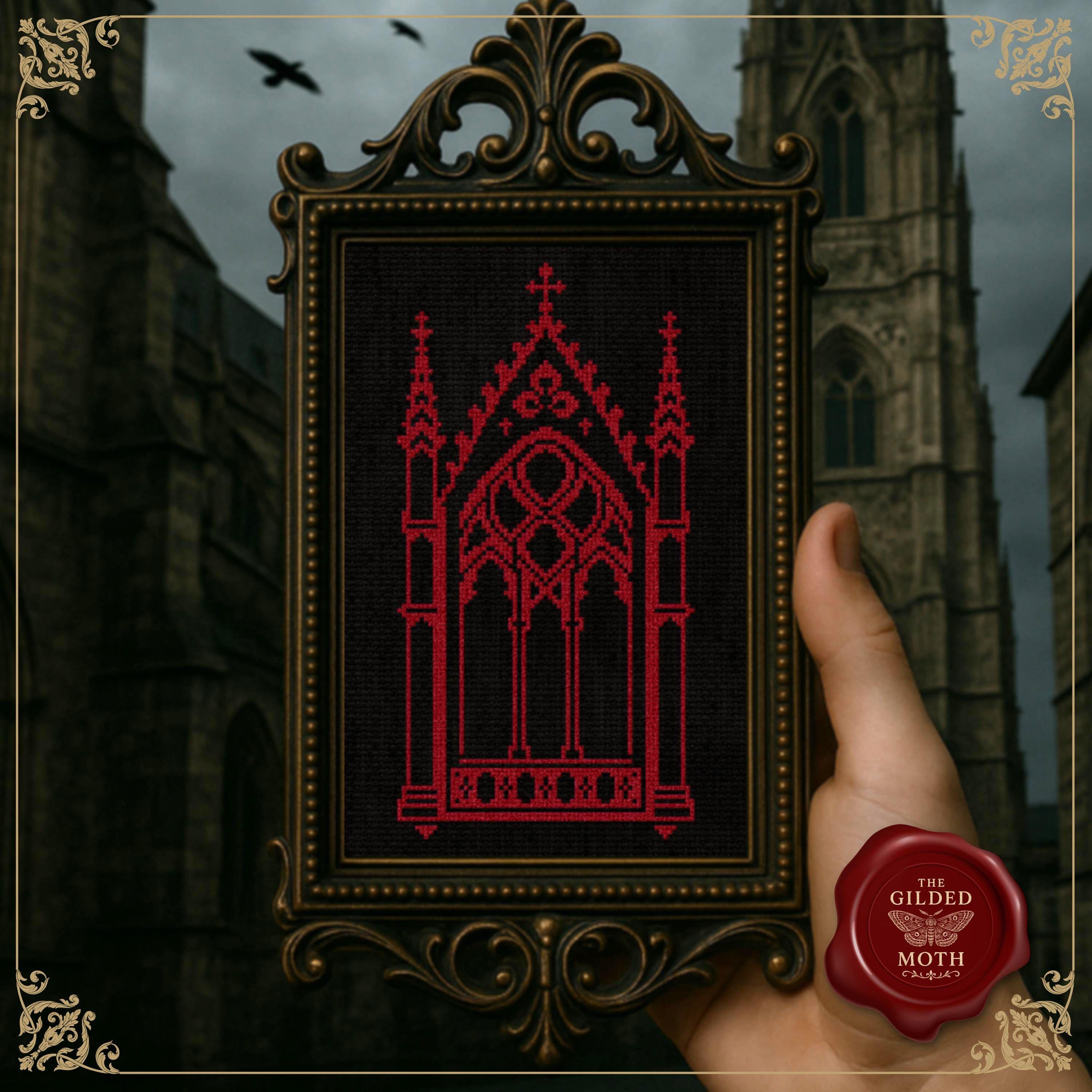 Gothic Cathedral Window Cross Stitch Pattern • Medieval Architecture Silhouette PDF • Red on Black Aida Embroidery • Dark Academia Wall Art
