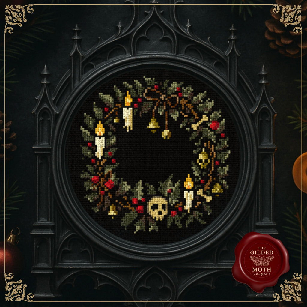 Gothic Christmas Wreath Cross Stitch Pattern • Dark Holiday Wreath PDF • Skulls, Candles & Holly • Black Aida Gothic Xmas Embroidery Chart