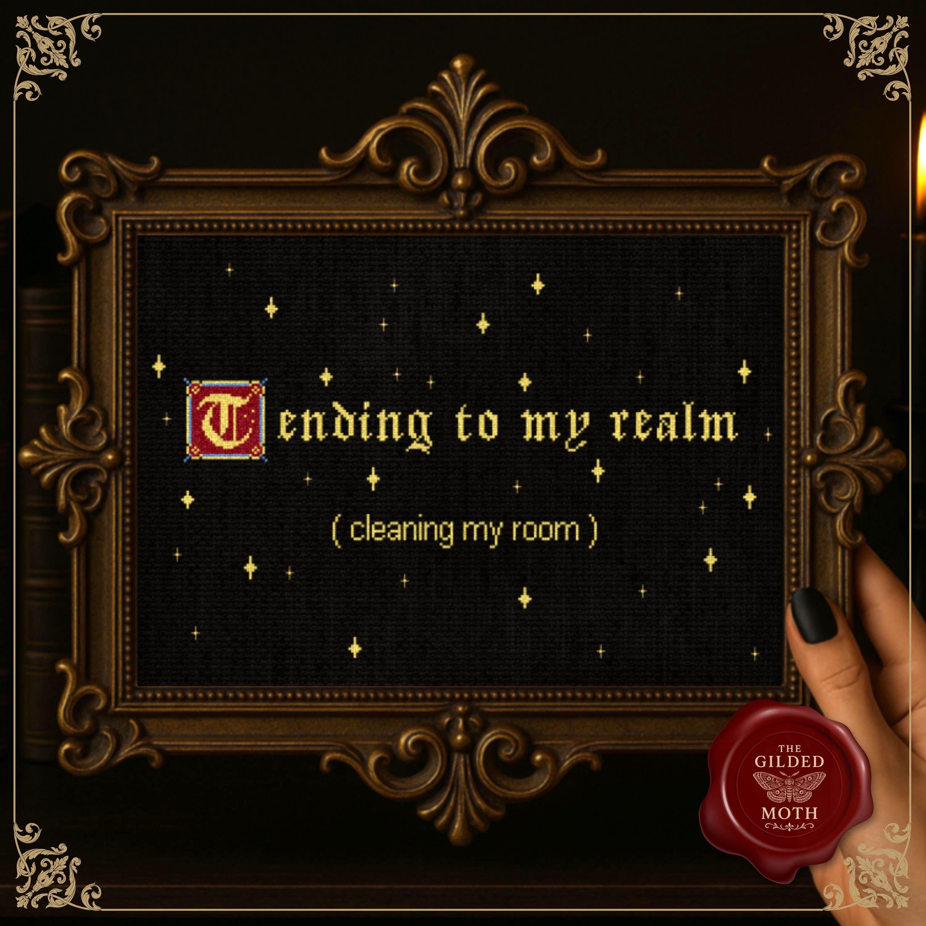 Medieval Meme Cross Stitch Pattern • “Tending to My Realm (Cleaning My Room)” PDF • Gothic Comedy Embroidery • Black Aida Cottagecore Decor