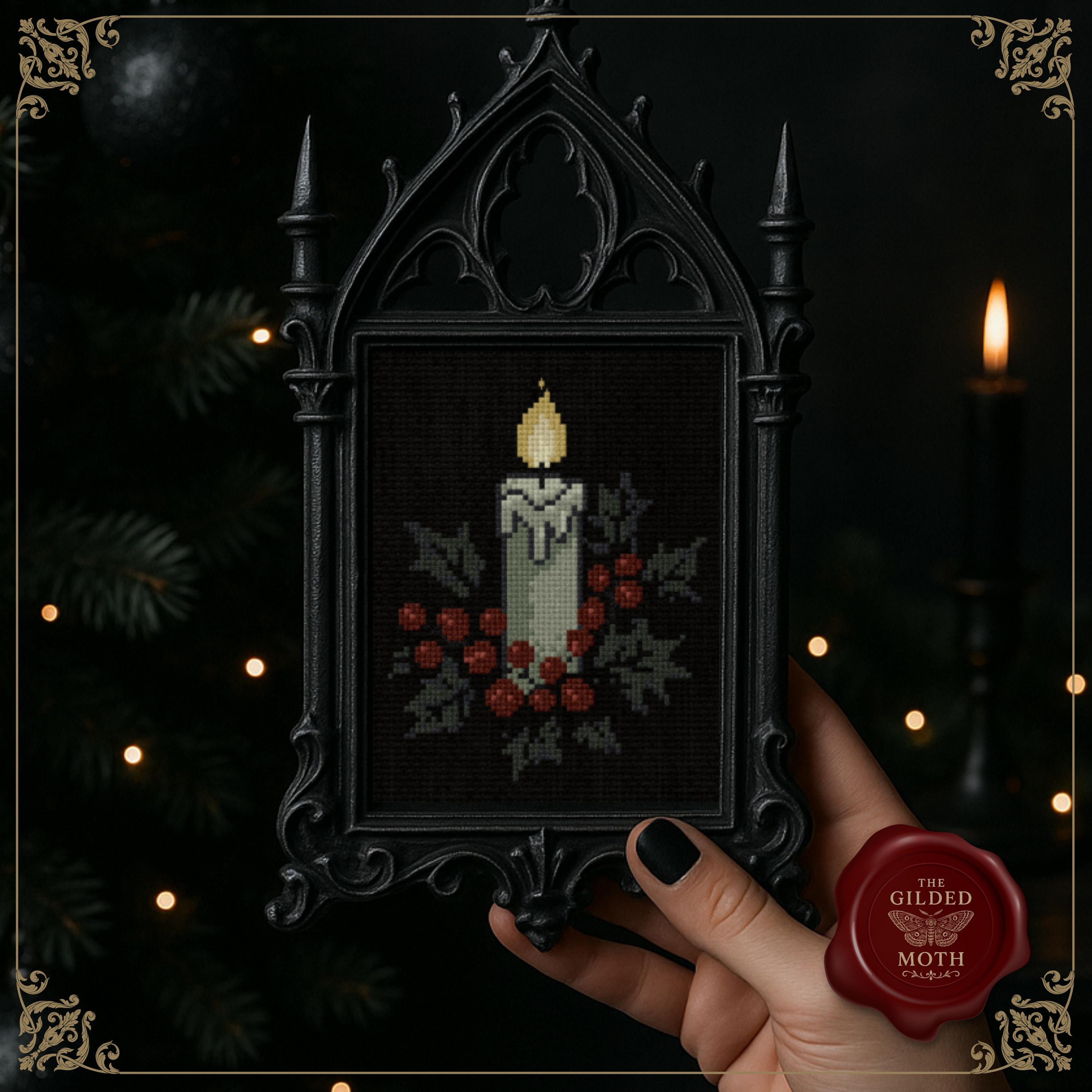 Gothic Christmas counted Cross Stitch Pattern bundle | Dark Holiday Embroidery PDF pack | Digital Download | Black Aida Candle & Poinsettia